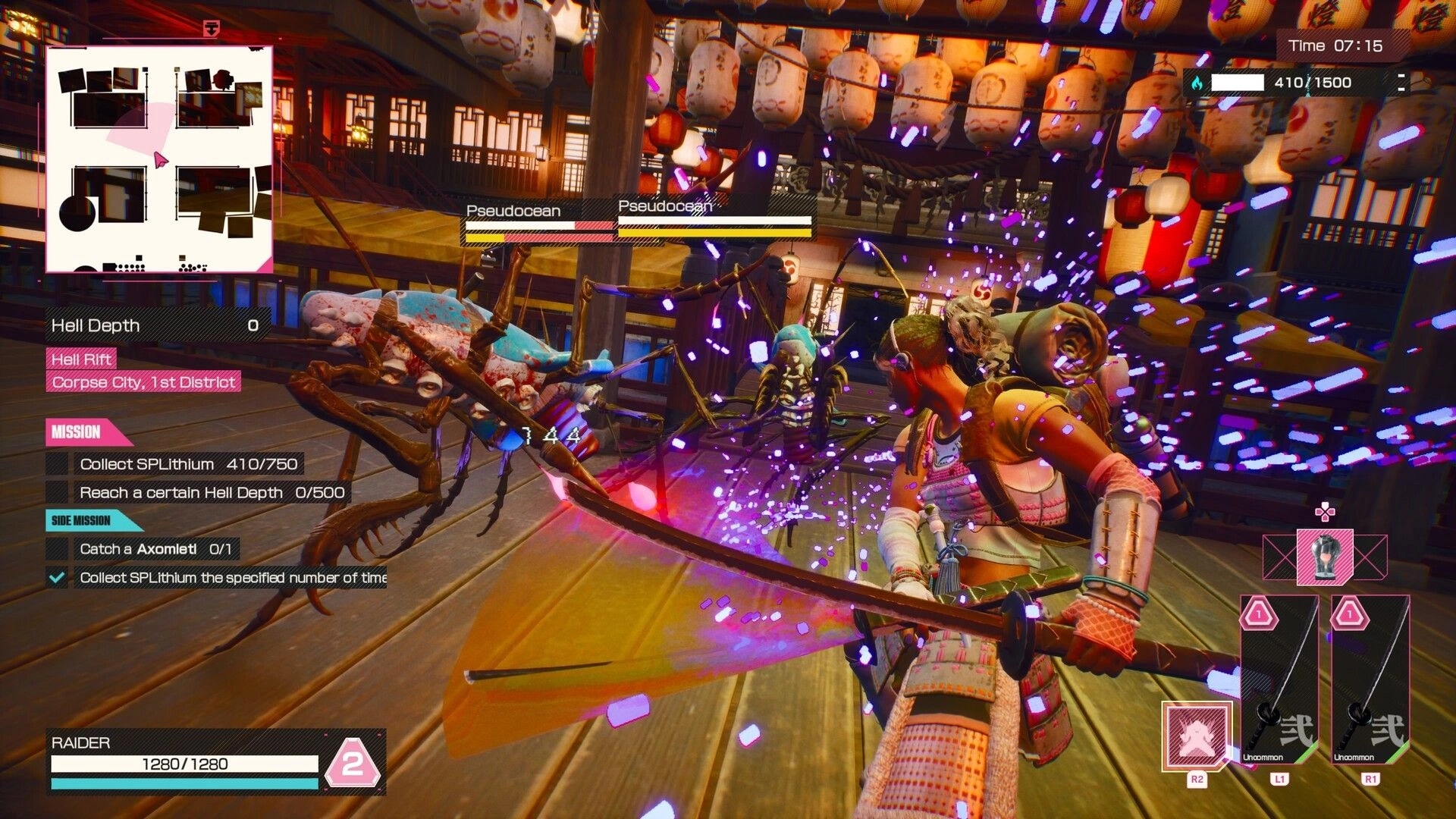 LET IT DIE: Raider battles Pseudoocean creatures in a lantern-lit wooden hall with mission objectives visible