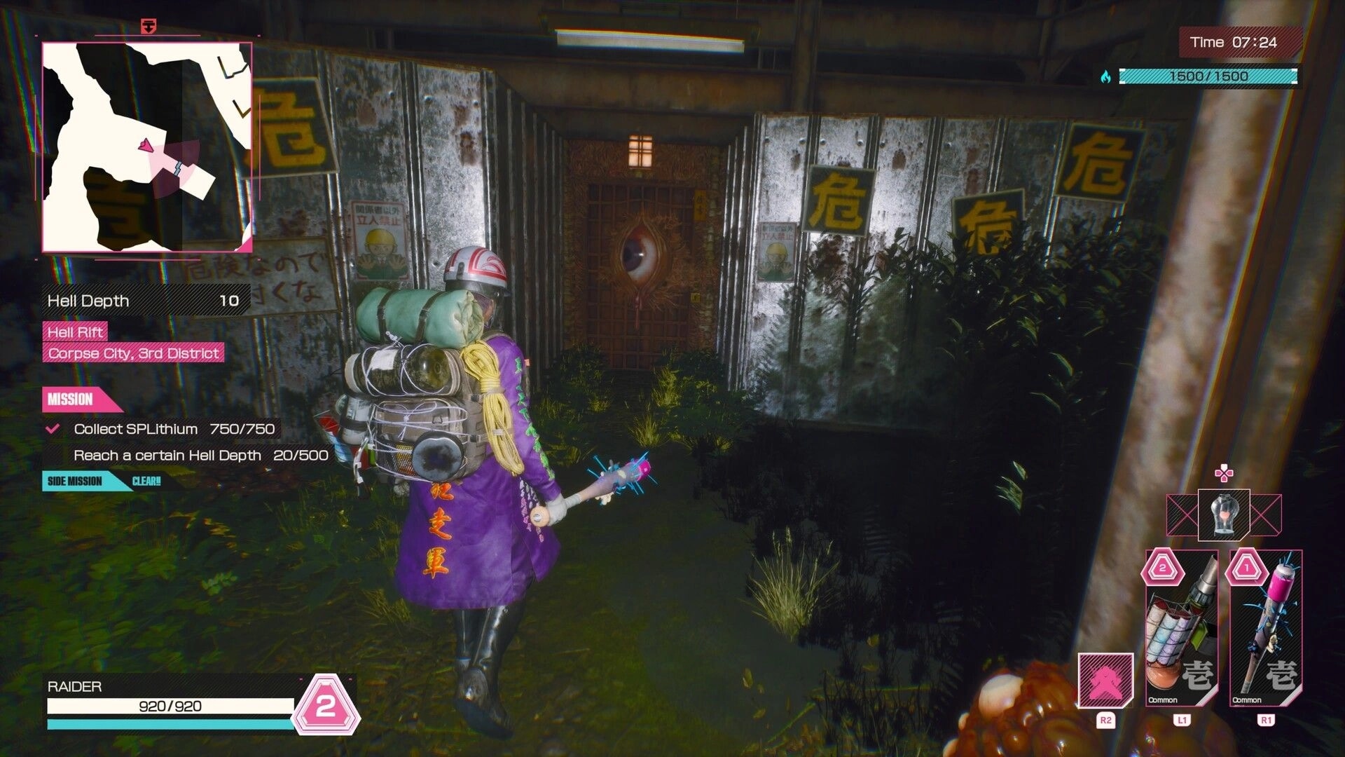 LET IT DIE: Raider approaches eerie door in overgrown corridor, mission objectives displayed on screen