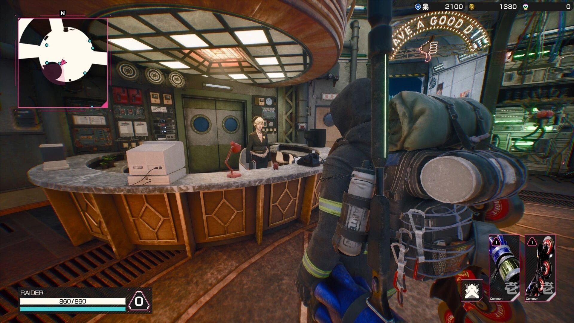 LET IT DIE: Raider approaches a reception desk with a map and health bar in a futuristic control room.