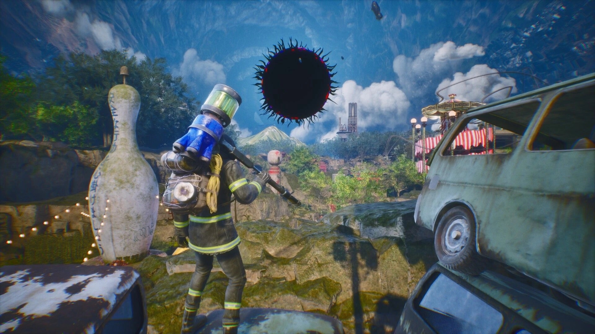 LET IT DIE: Raider observes giant black vortex in a vibrant, surreal landscape with scattered vehicles