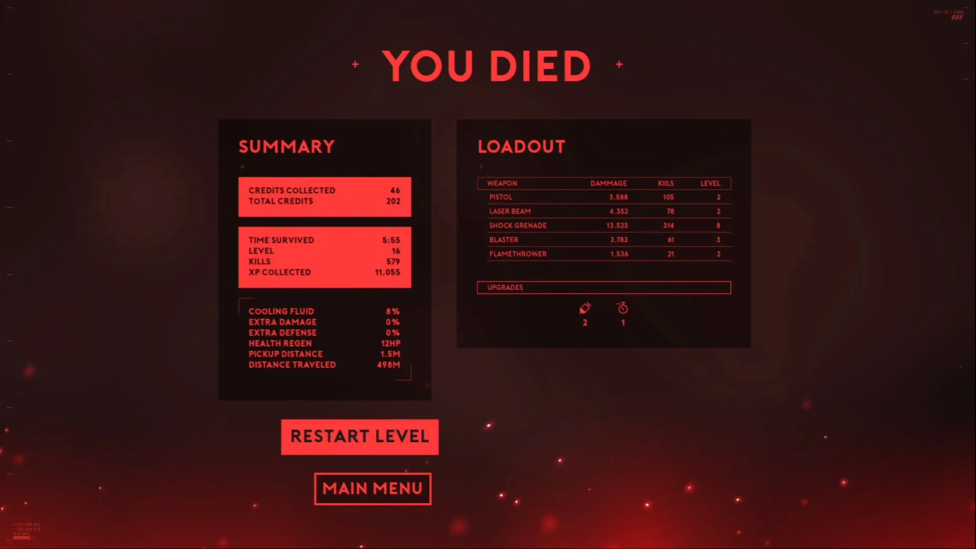 Let Them Come: Game over screen with stats summary and weapon loadout in dark sci-fi interface