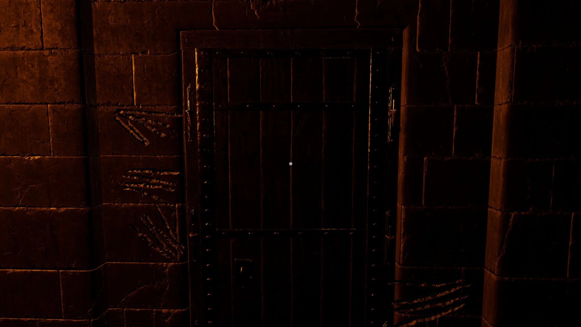 Letter Lost: Dark wooden door with mysterious symbols in dimly lit stone corridor