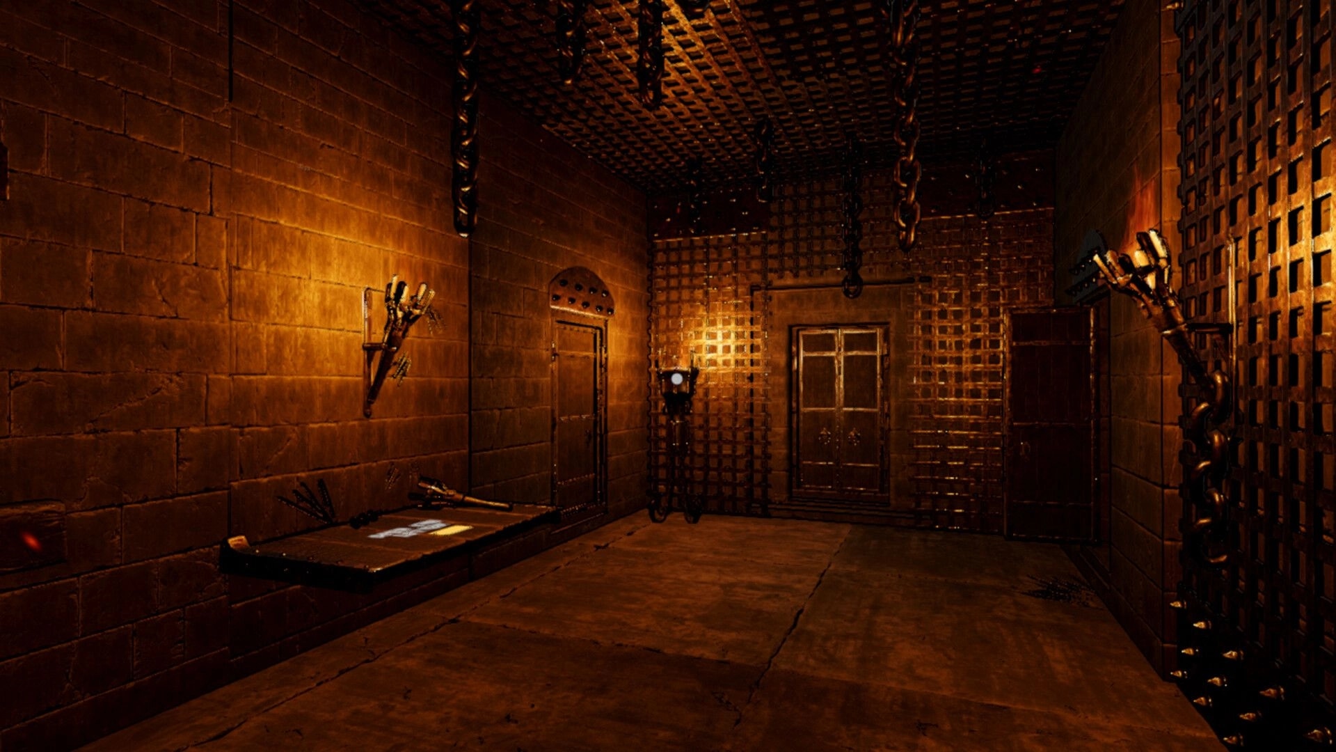 Letter Lost: Dimly lit post office room with chains, a desk, and mysterious doors on Kharnym Isle