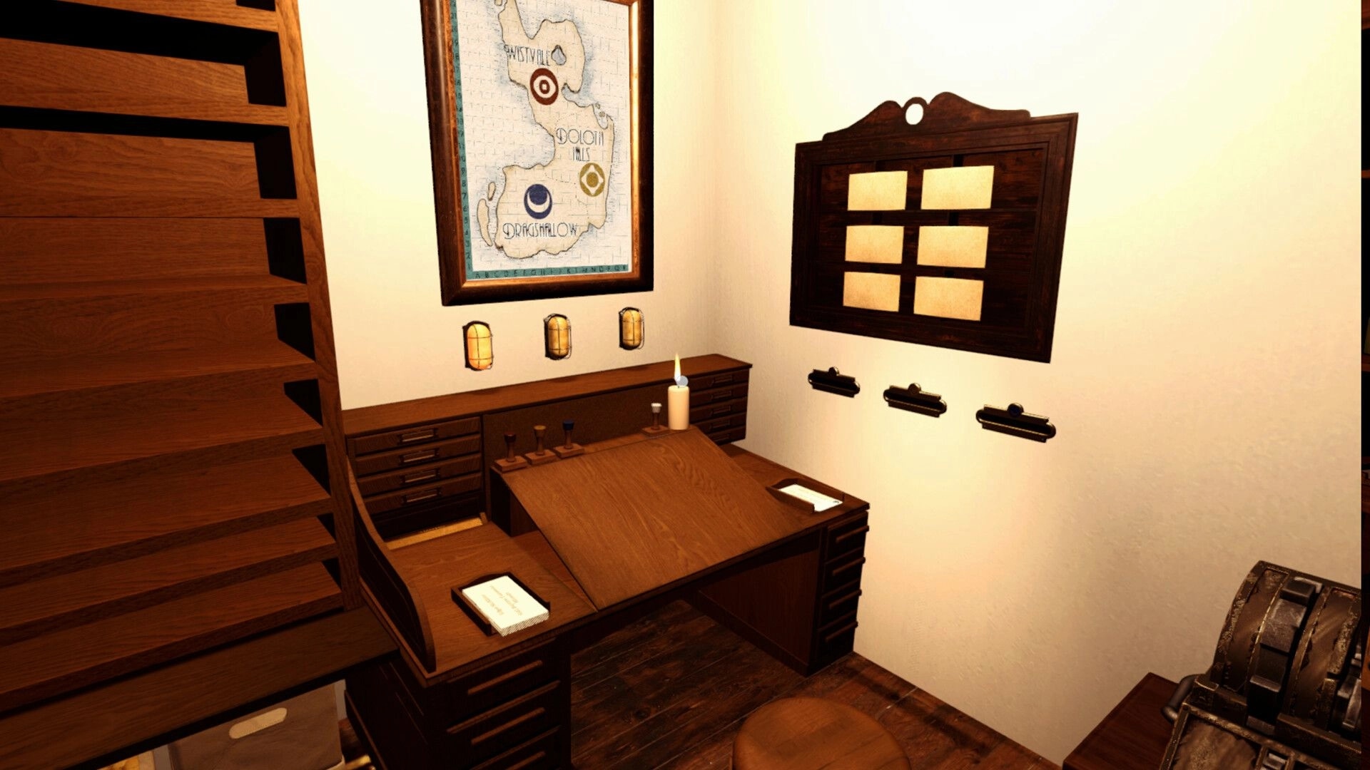Letter Lost: Cozy post office desk with stamps, candle, map, and mail slots in a wooden interior setting