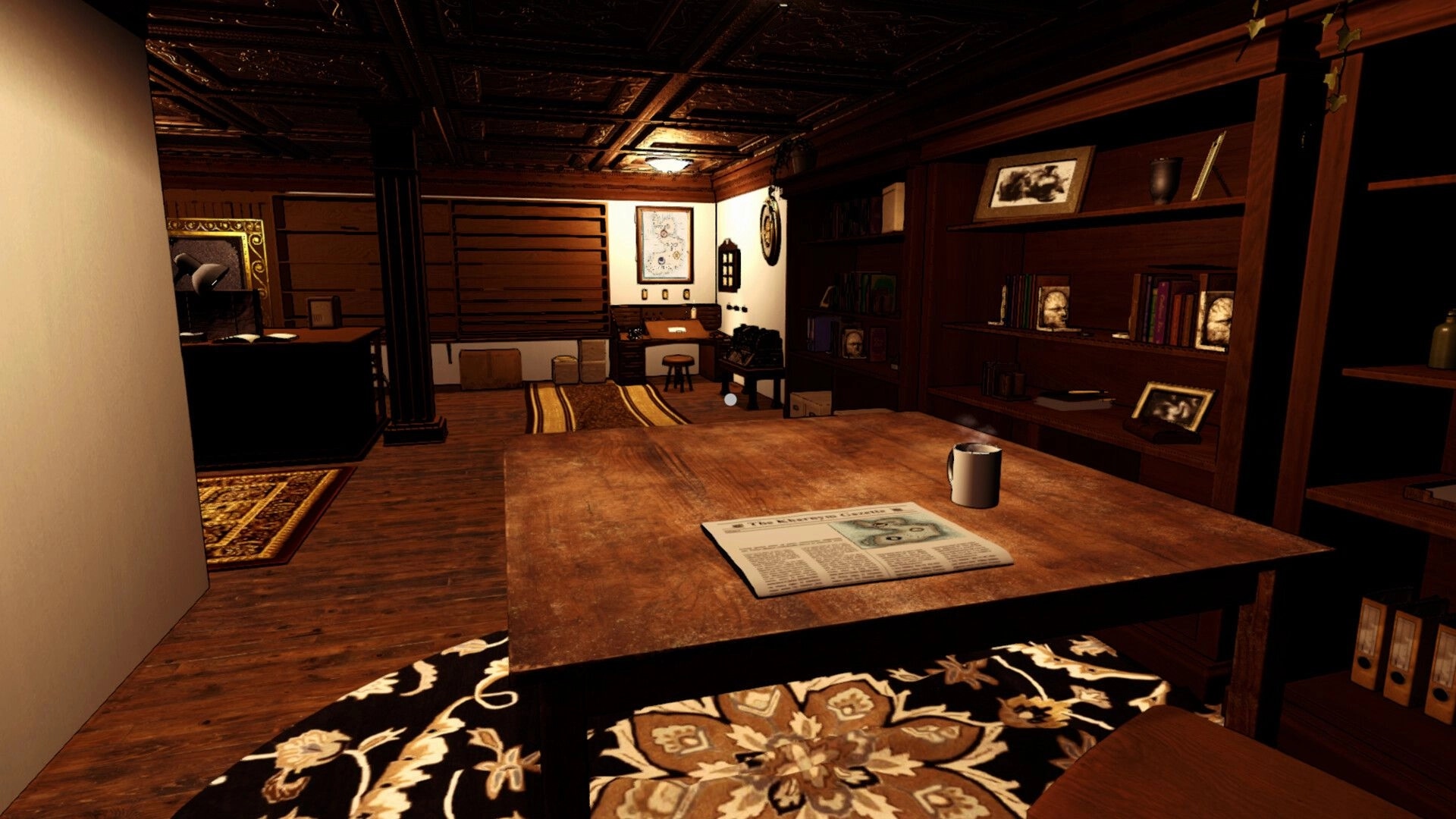 Letter Lost: Cozy post office interior with a wooden table, newspaper, steaming mug, and bookshelves