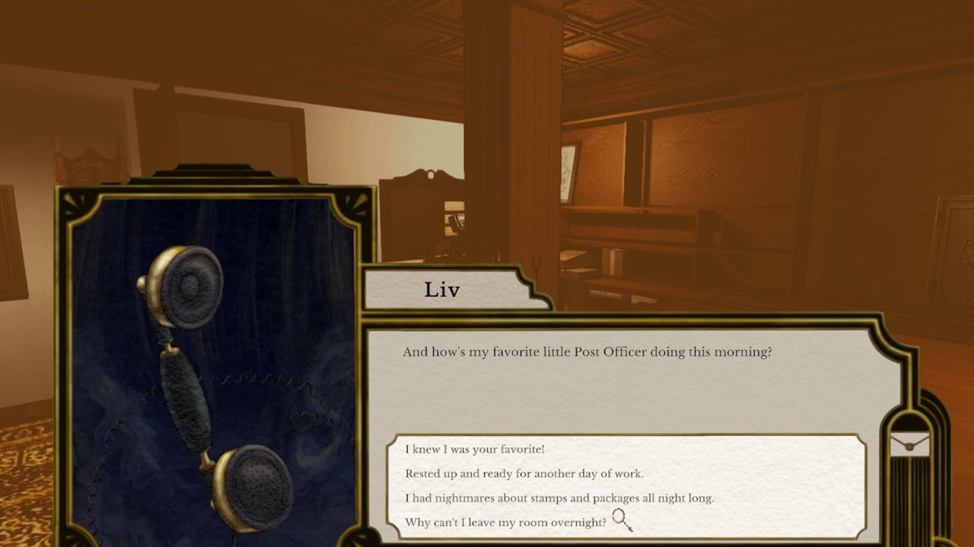 Letter Lost: Dialogue with Liv via vintage phone in the dimly lit Kharnym Isle post office