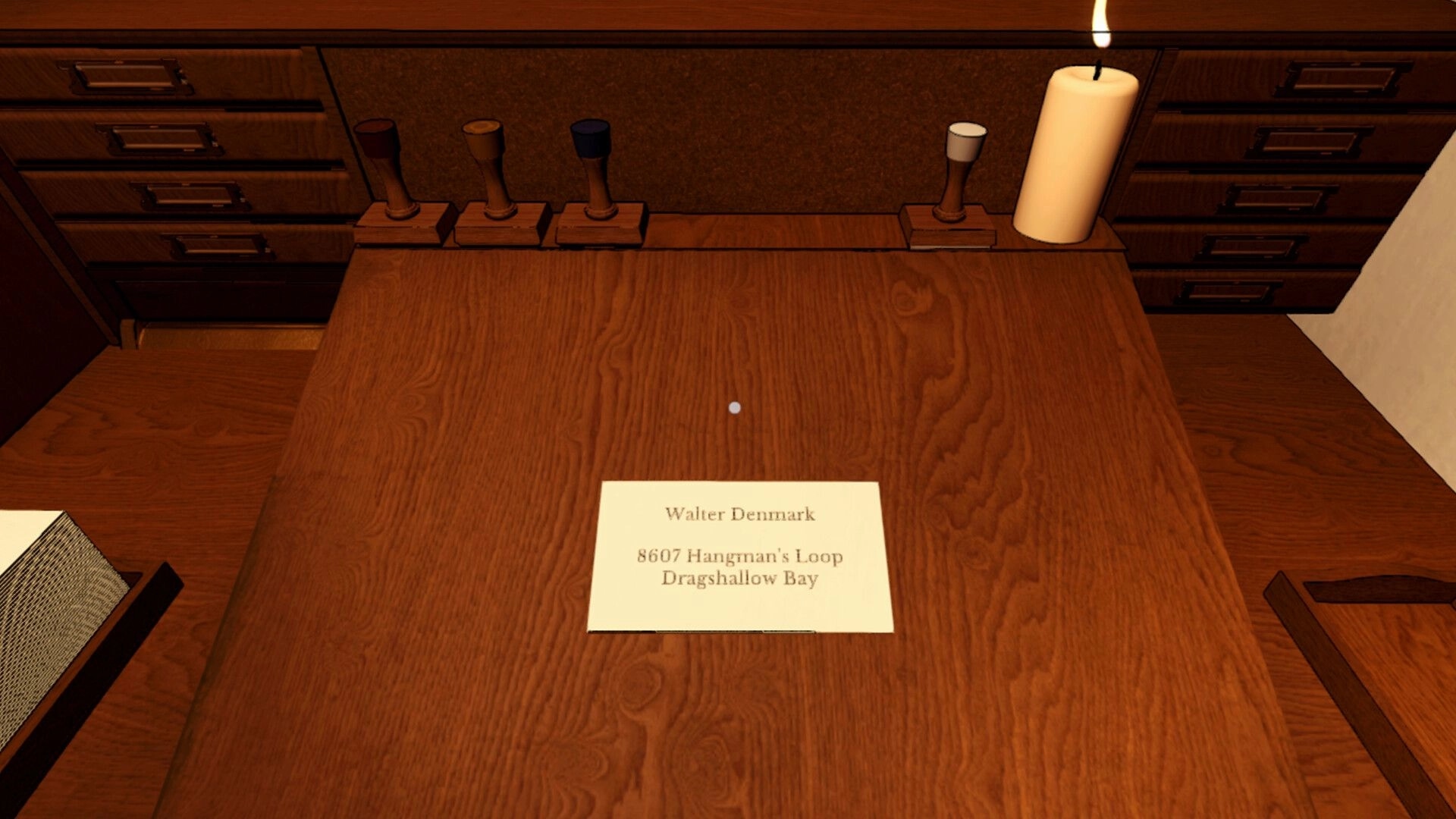 Letter Lost: Sorting mail with stamps on wooden desk in dimly lit Kharnym Isle post office setting