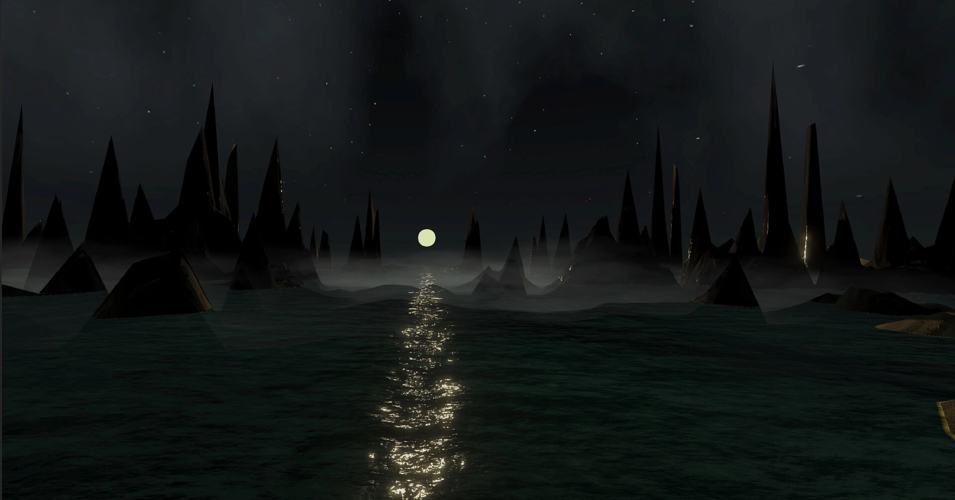 Letter Lost: Moonlit sea with jagged rock formations under a starry night sky on Kharnym Isle
