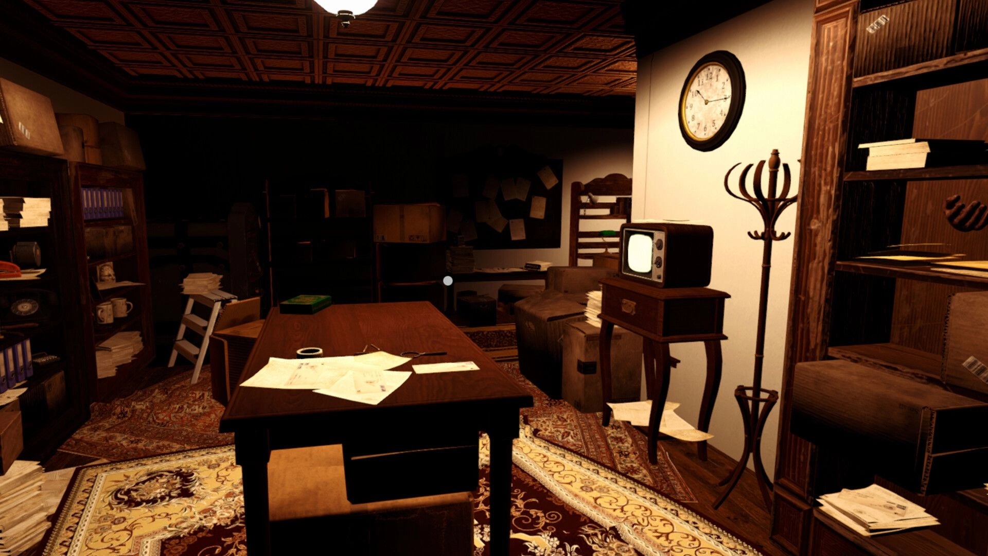 Letter Lost: Cluttered post office room with papers, old TV, and clock on wall, hinting at mystery secrets