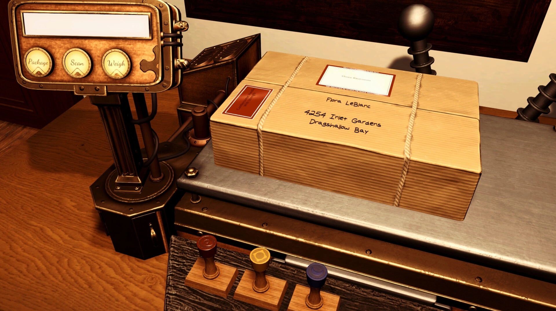 Letter Lost: Parcel on weighing scale with UI buttons for packaging, scanning, and weighing options