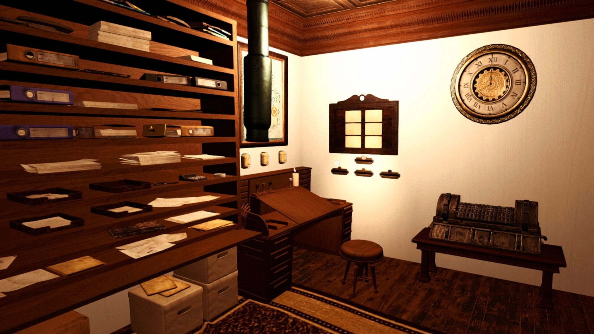 Letter Lost: Cluttered post office interior with wooden shelves, a clock, and mysterious cipher machine.
