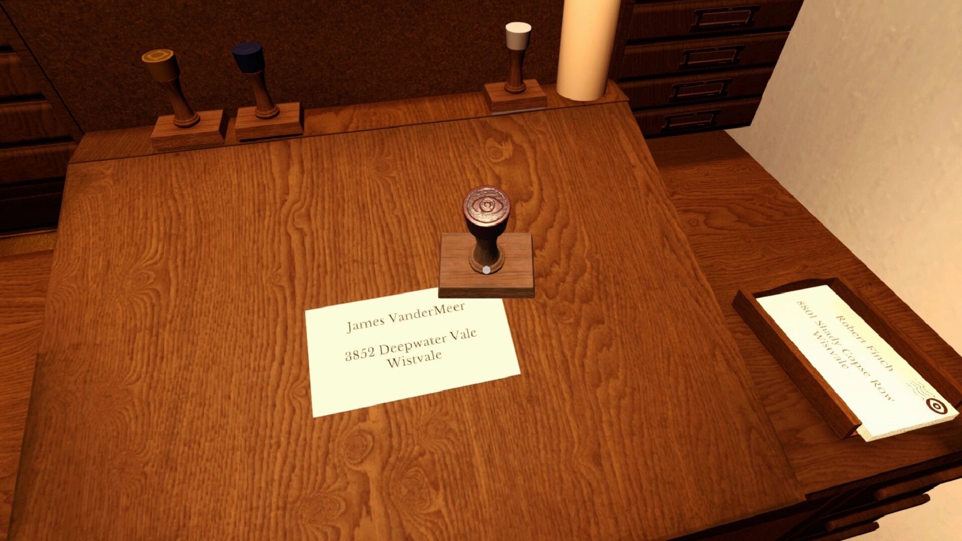 Letter Lost: Desk with stamps and addresses at Kharnym Isle post office, central to mystery unraveling