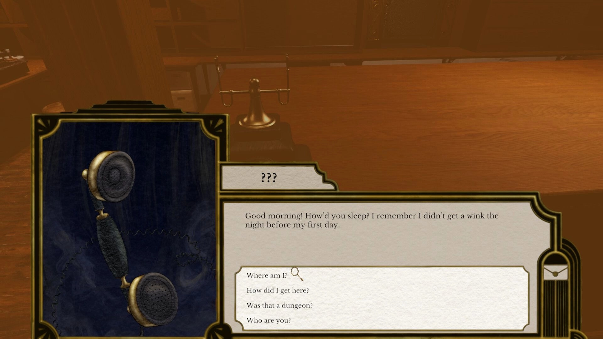 Letter Lost: Dialogue choice screen with vintage telephone on wooden desk in post office setting.