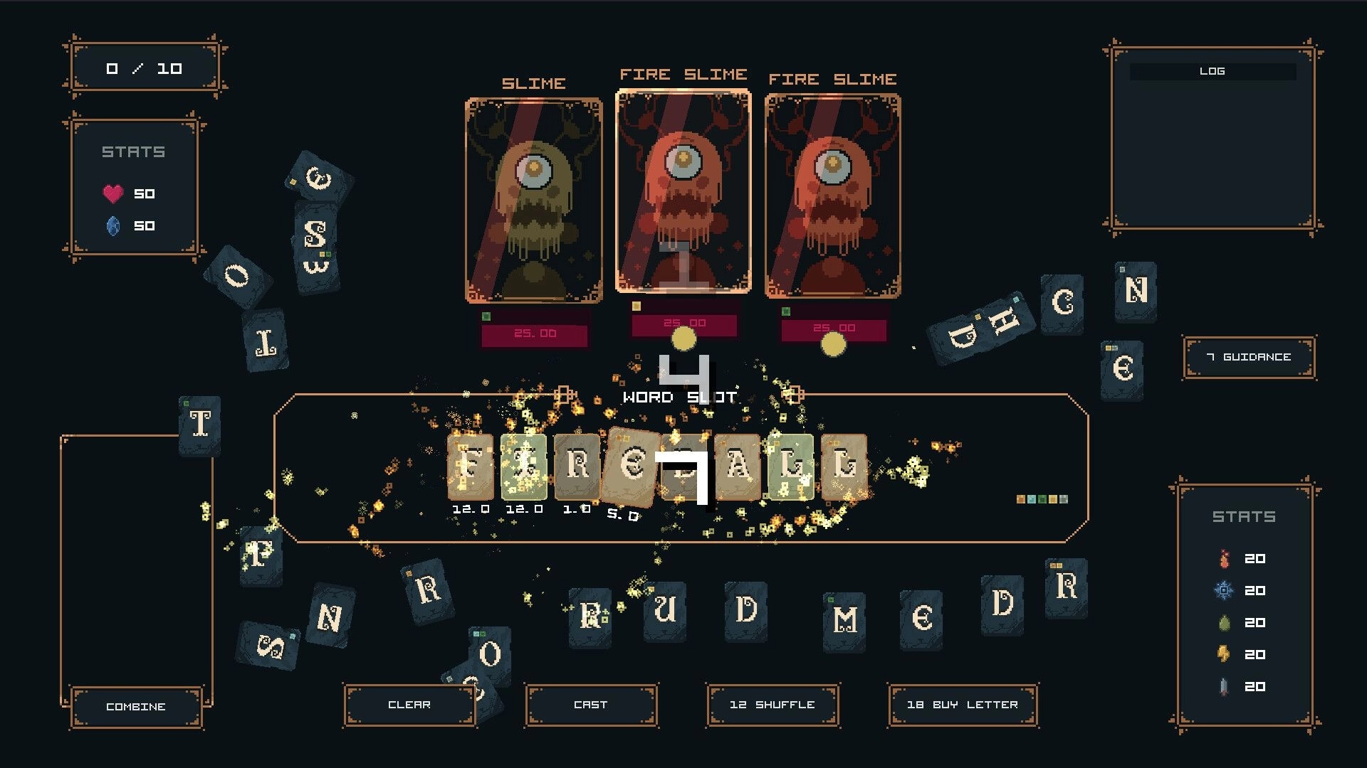 Letterbane: Word-building combat UI forming FIREWALL against slime and fire enemies on dark board.