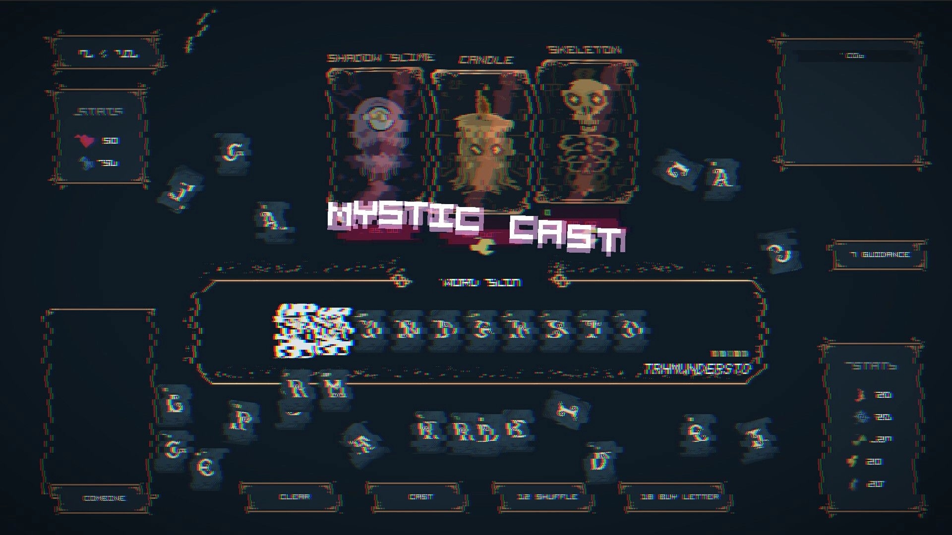 Letterbane: Mystic Cast word-building screen with enemy cards, letter tiles, and cast buttons UI.