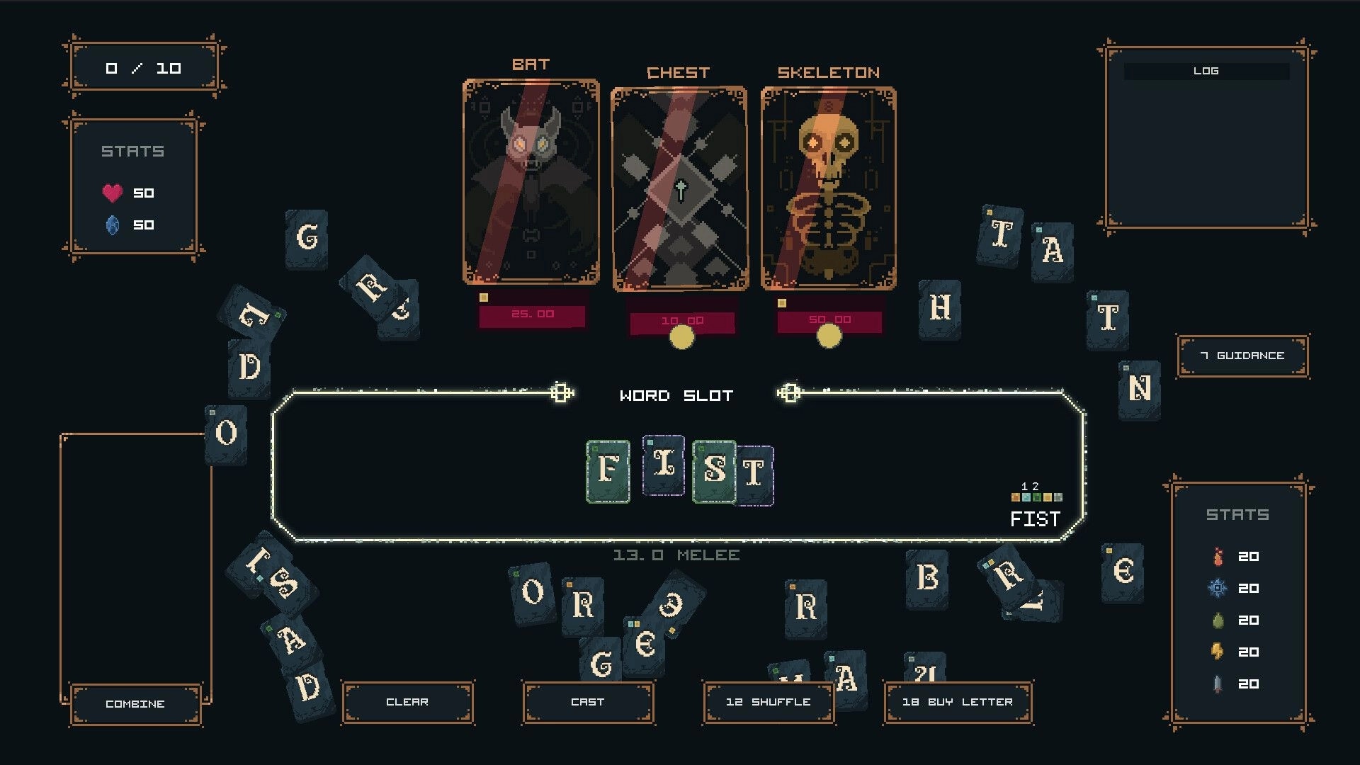 Letterbane: Word-building combat UI forming FIST in the word slot with bat, chest, skeleton targets.