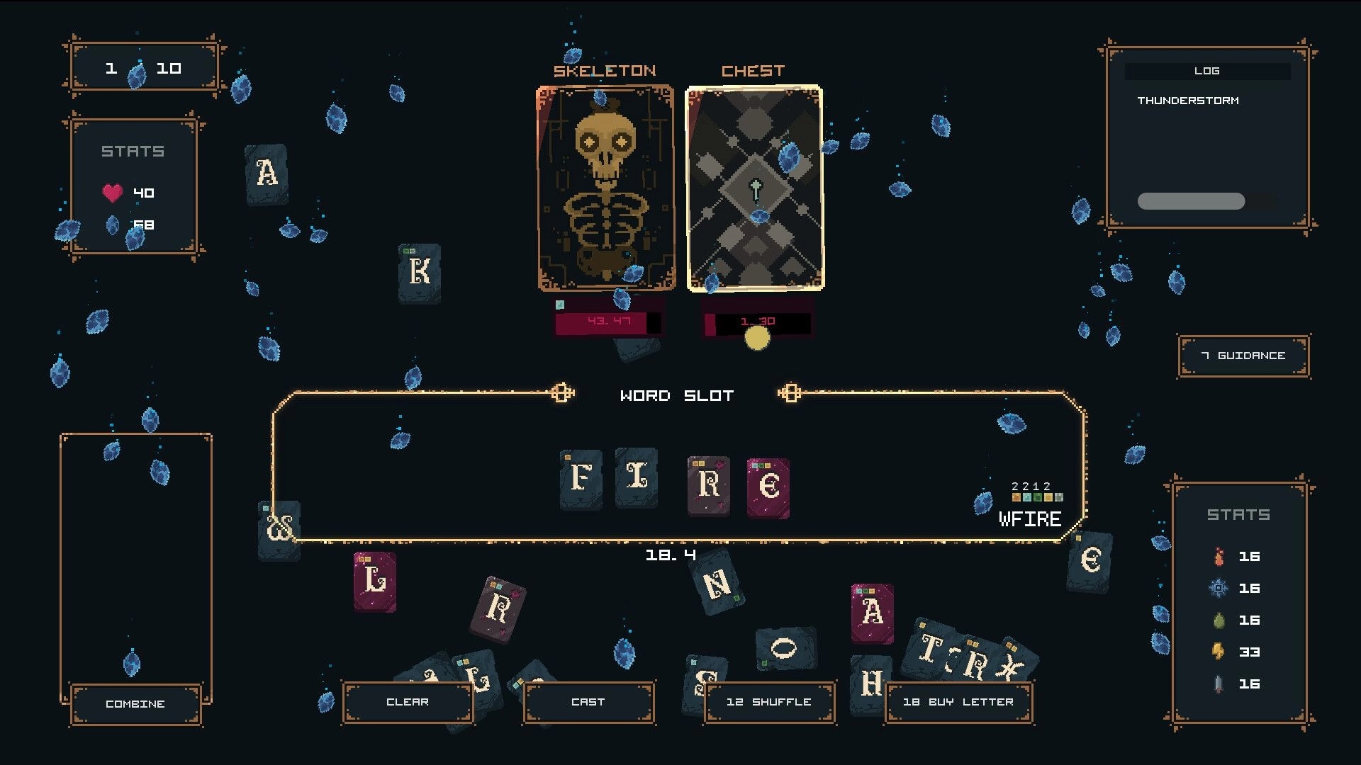 Letterbane: Word slot spelling FIRE with letter tiles, skeleton and chest cards on a dark UI backdrop.