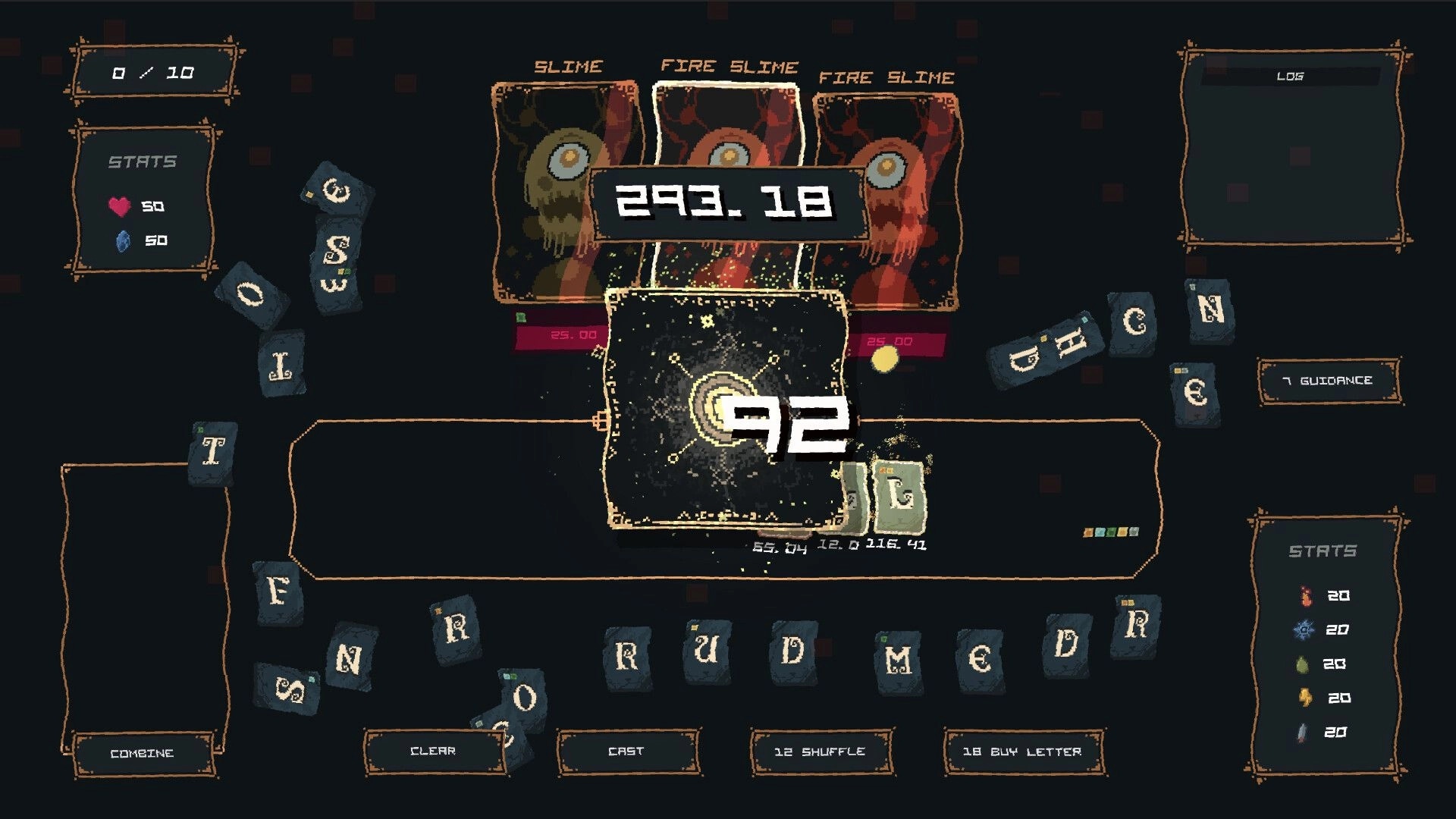 Letterbane: Word-casting battle UI with letter tiles, slime/fire enemies, and score popups on dark board.
