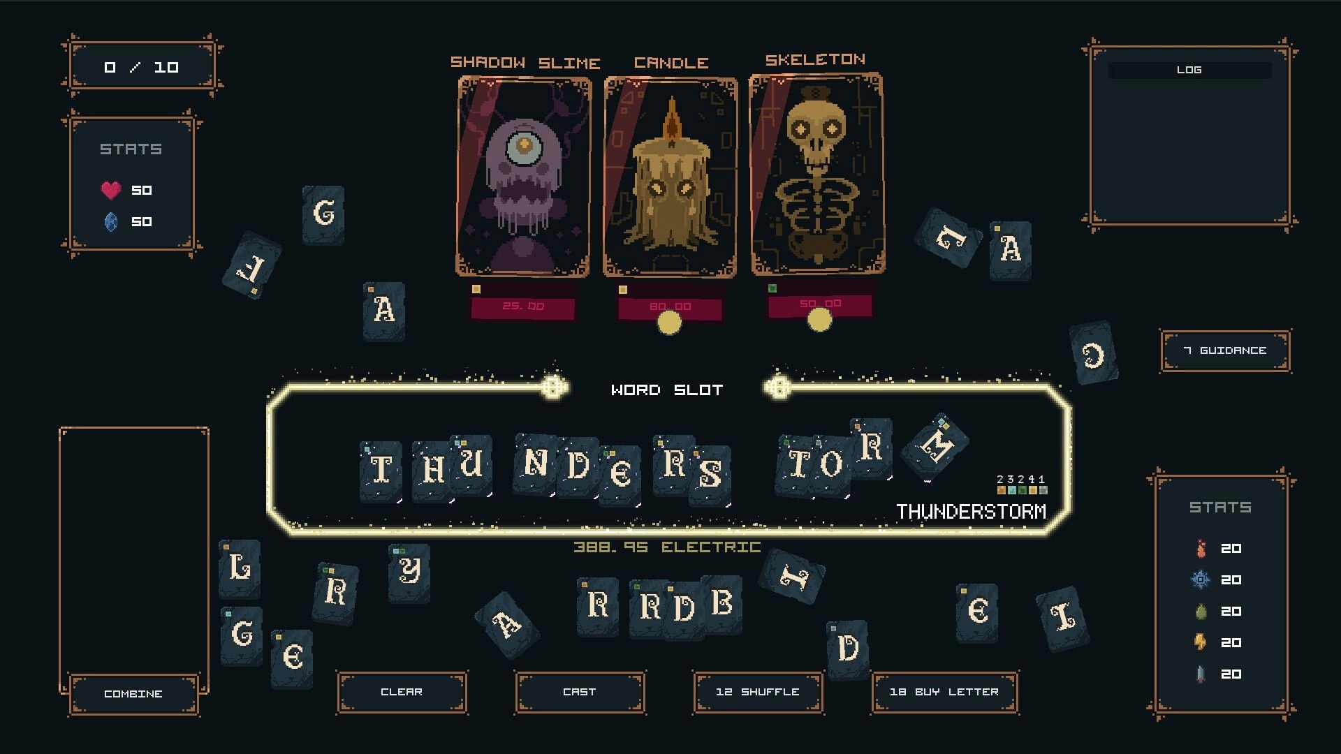 Letterbane: Word-building combat UI forming THUNDERSTORM in word slot, enemies Shadow Slime, Candle, Skeleton.