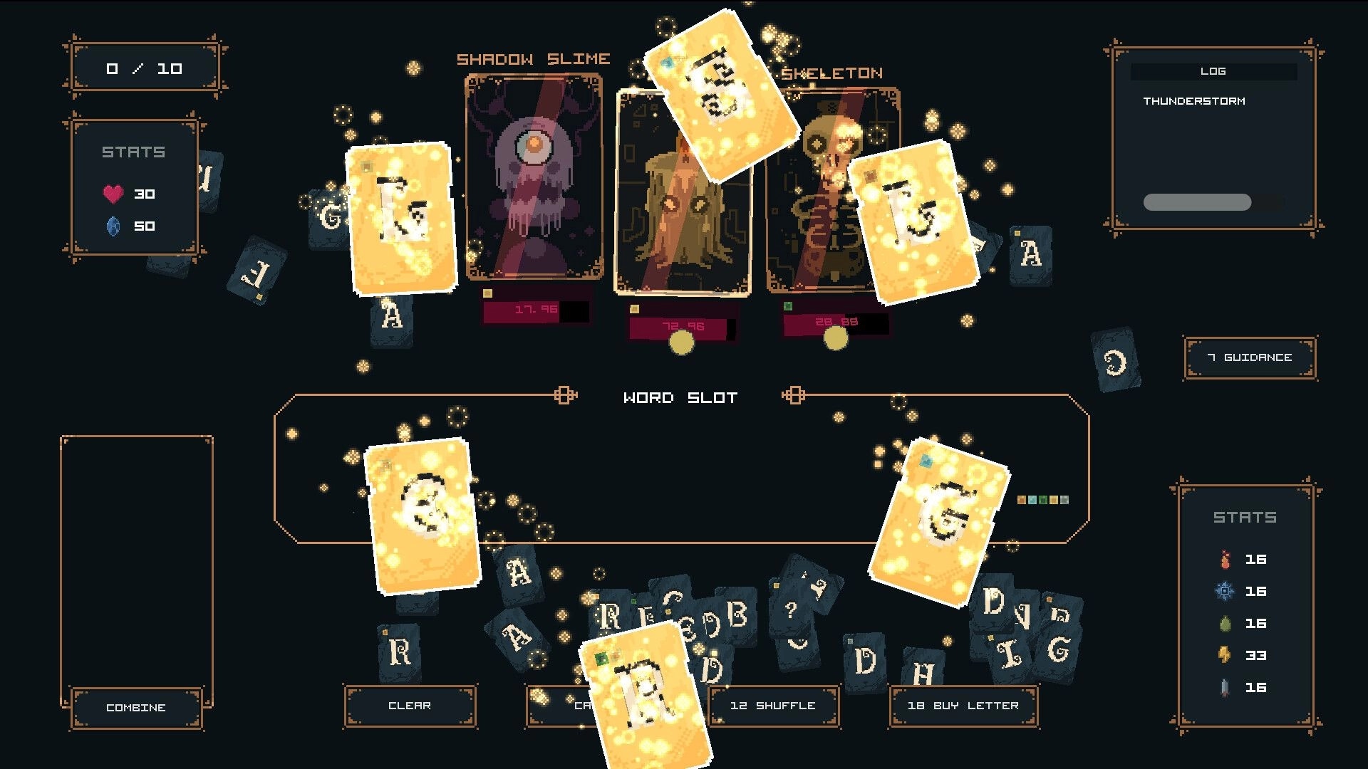 Letterbane: Battle UI with Shadow Slime and Skeleton cards, letter tiles in word slot on dark field.