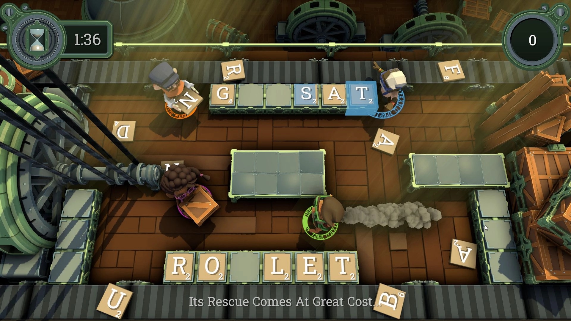 LetterBound: Players assemble words on a conveyor belt in a steampunk factory setting.