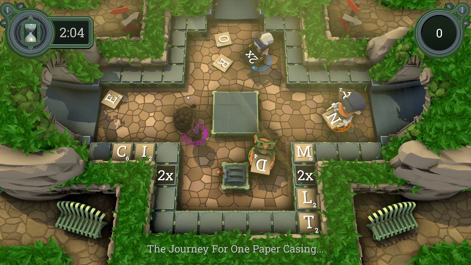 LetterBound: Four characters collect letter tiles in a lush, maze-like garden with a timer display.