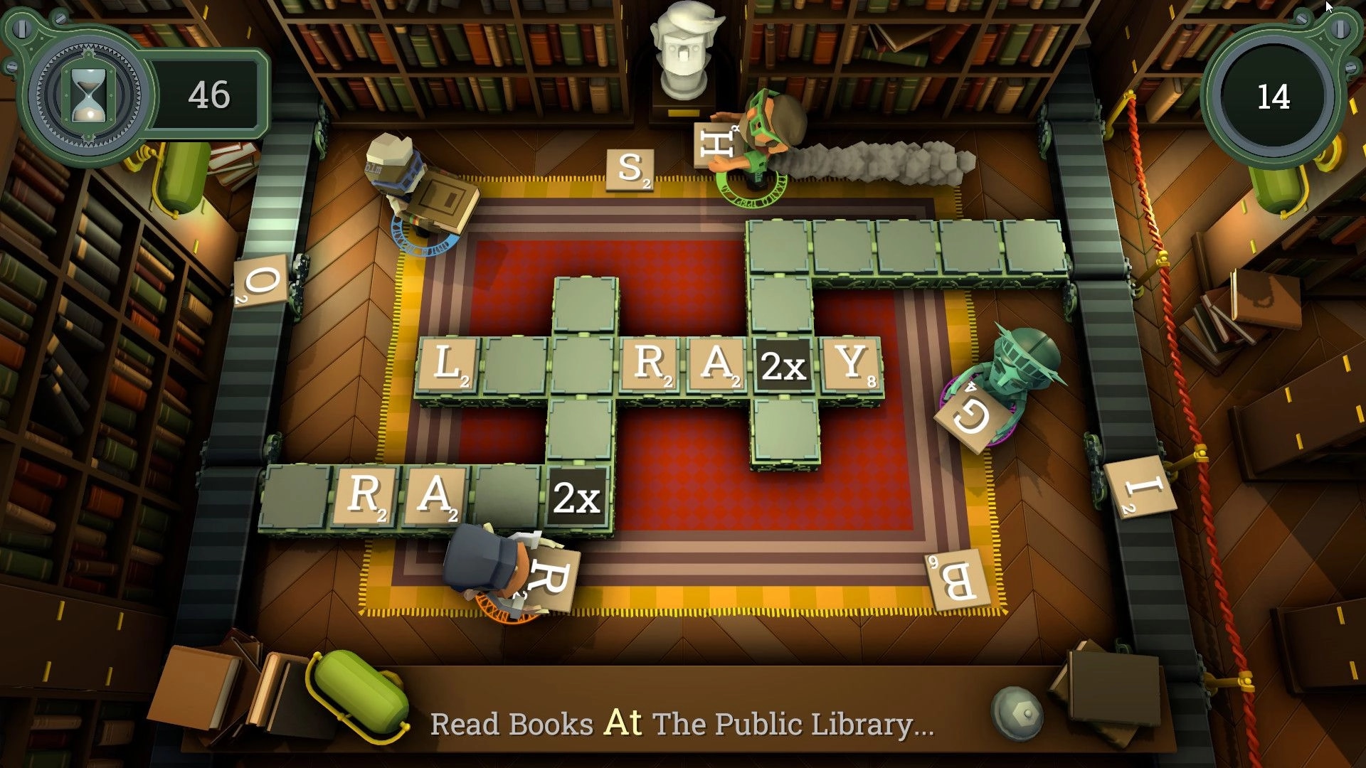LetterBound: Players arrange letter tiles in a library setting with shelves and a timer at 46 seconds.