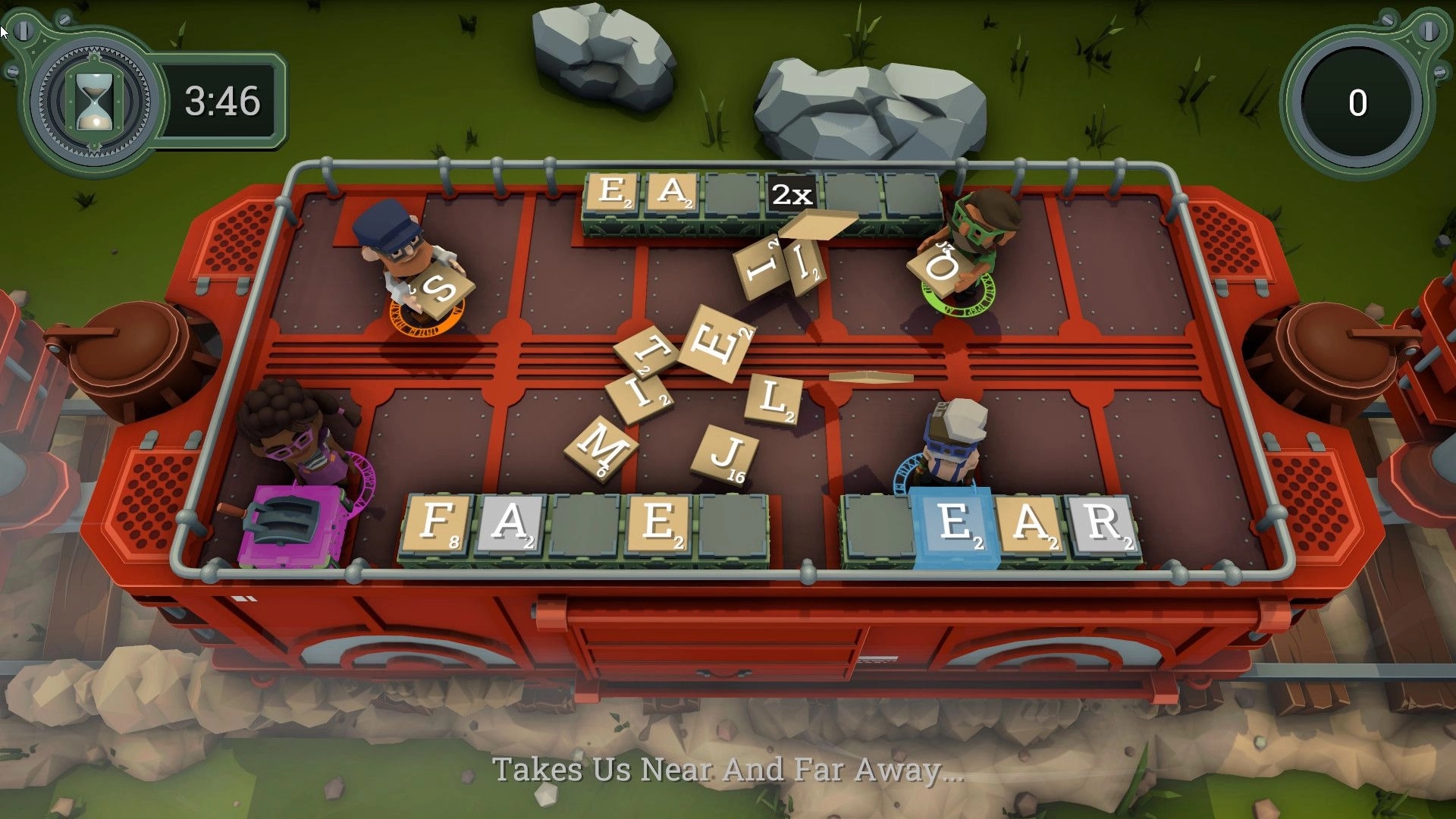 LetterBound: Four players arrange letter tiles on a moving train with a countdown timer.