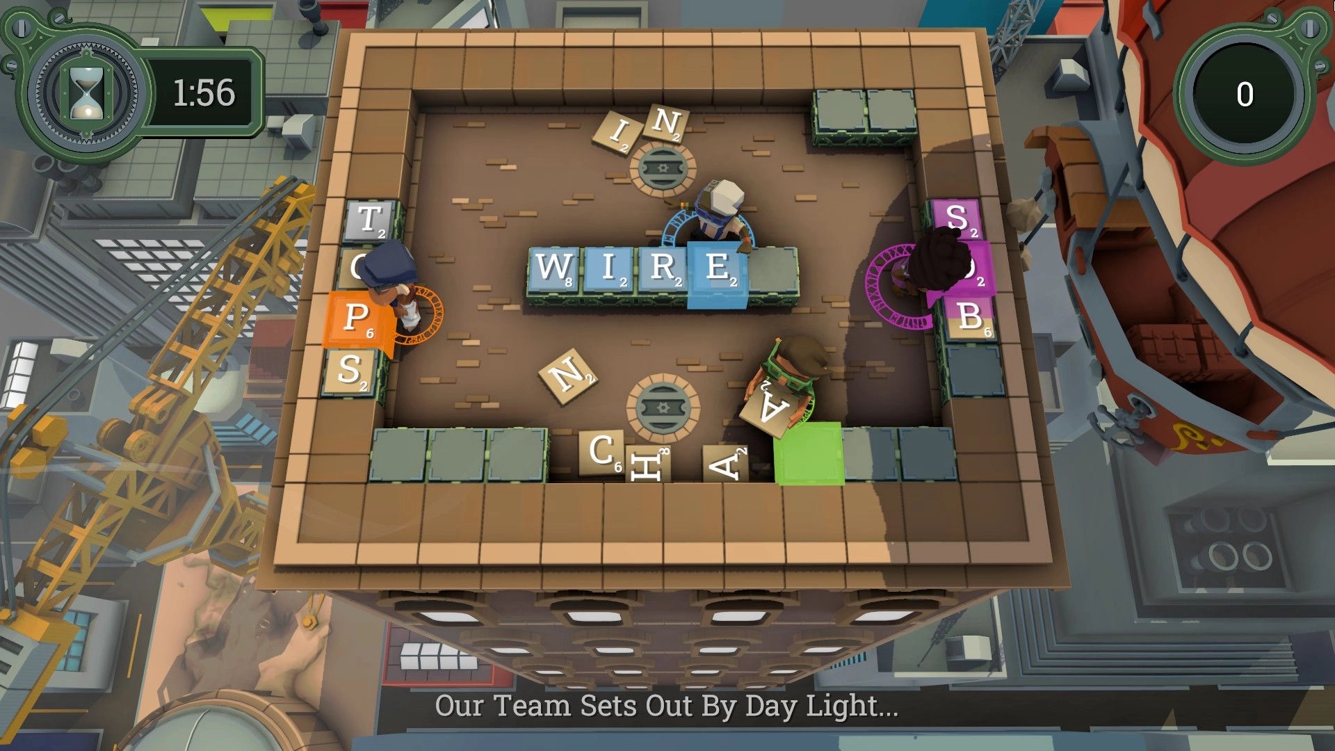 LetterBound: Top-down view of players arranging letter tiles in a rooftop cityscape with a timer active.
