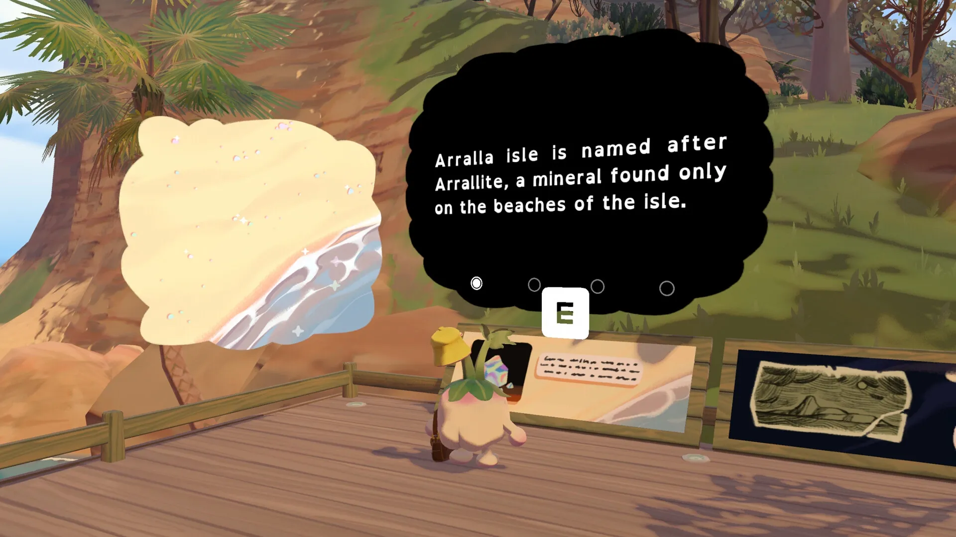 Letters To Arralla: Turnip character reads island history on a sunny boardwalk with coastal scenery