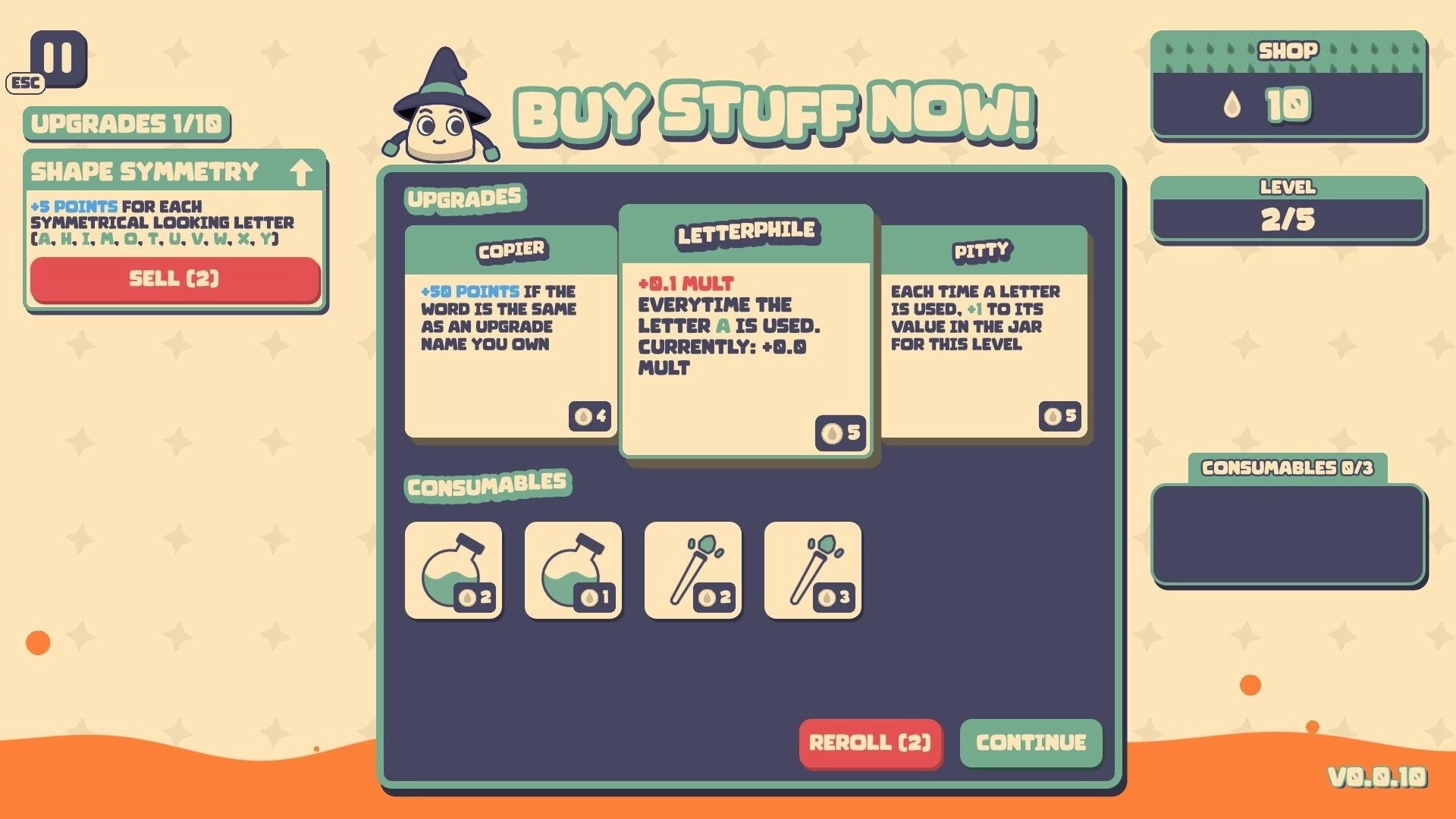 Lexispell: Upgrade selection screen with Shape Symmetry and Letterphile options, shop level 2/5 displayed