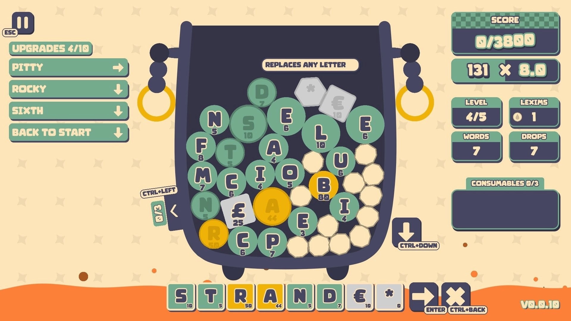 Lexispell: Letter tiles in cauldron with score, upgrades, and consumables menu on a starry background