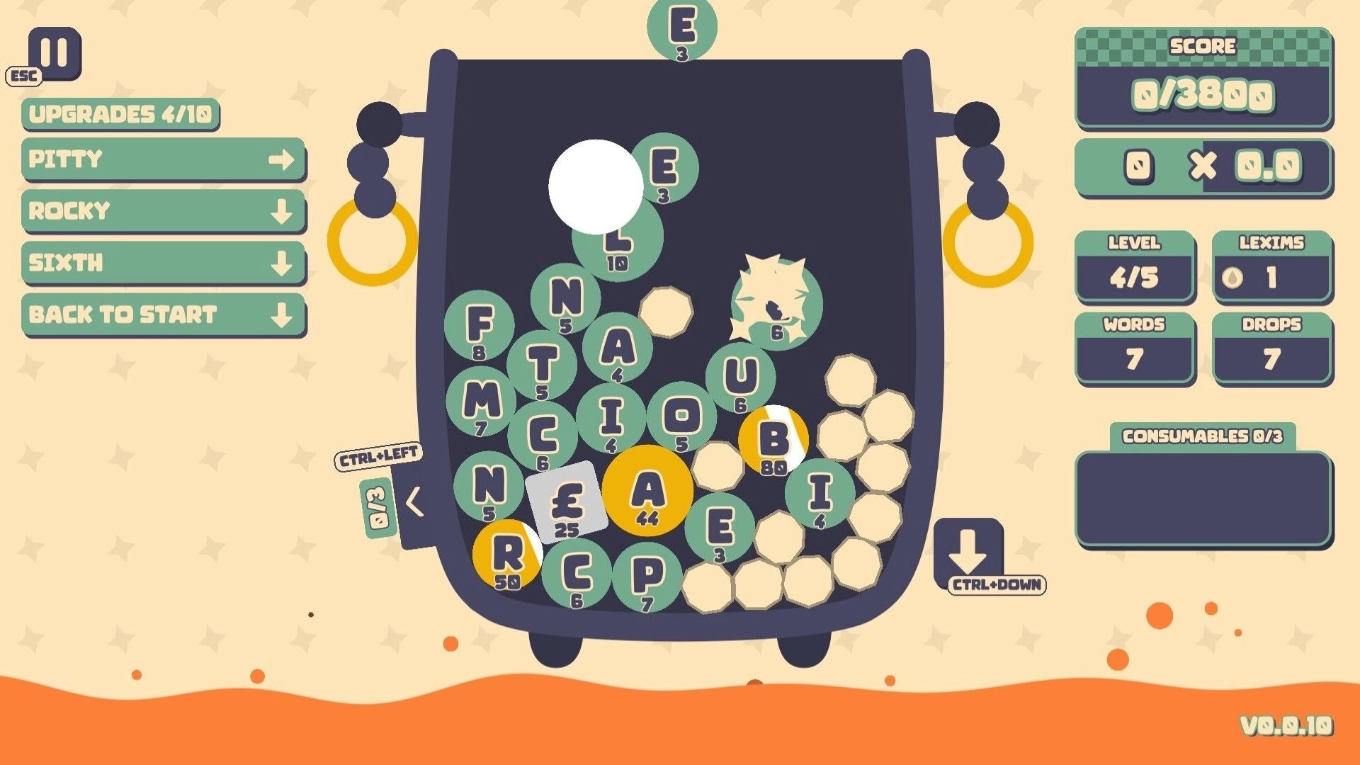 Lexispell: Letter bubbles in a cauldron, score and level tracker, and upgrade menu on screen.