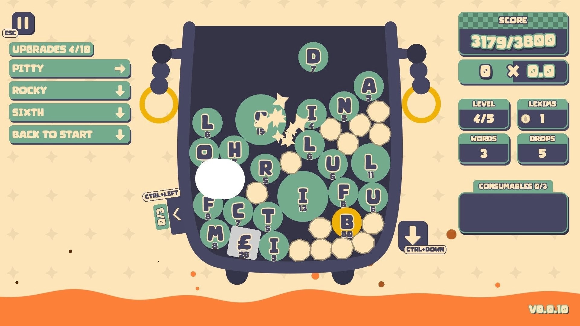 Lexispell: Word tiles merging in a cauldron with score, level, and upgrades displayed on the sides.