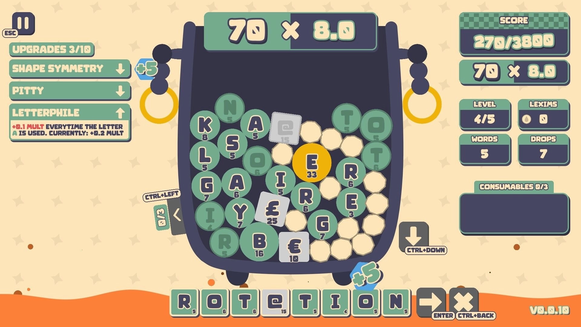 Lexispell: Word tiles merging and upgrading interface with score, level, and consumable details visible