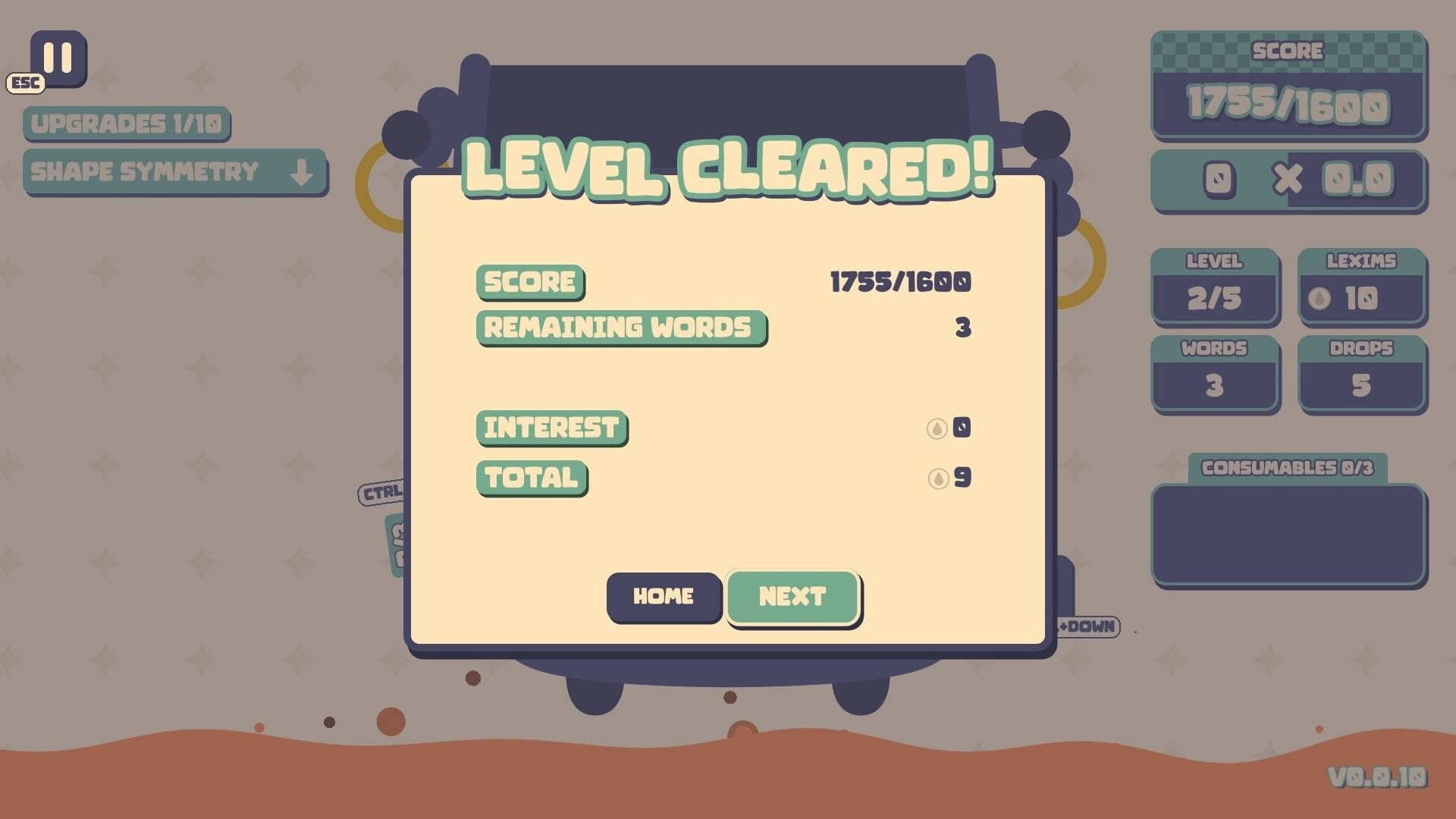 Lexispell: Level cleared screen displaying score, remaining words, with home and next level options visible