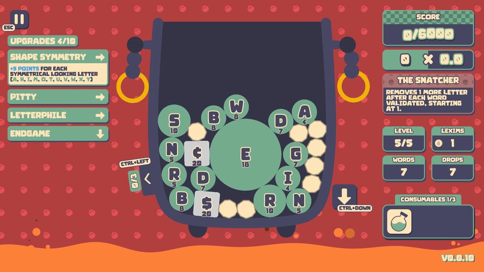Lexispell: Letter merging gameplay with upgrades menu and scoring panel on a vibrant red background