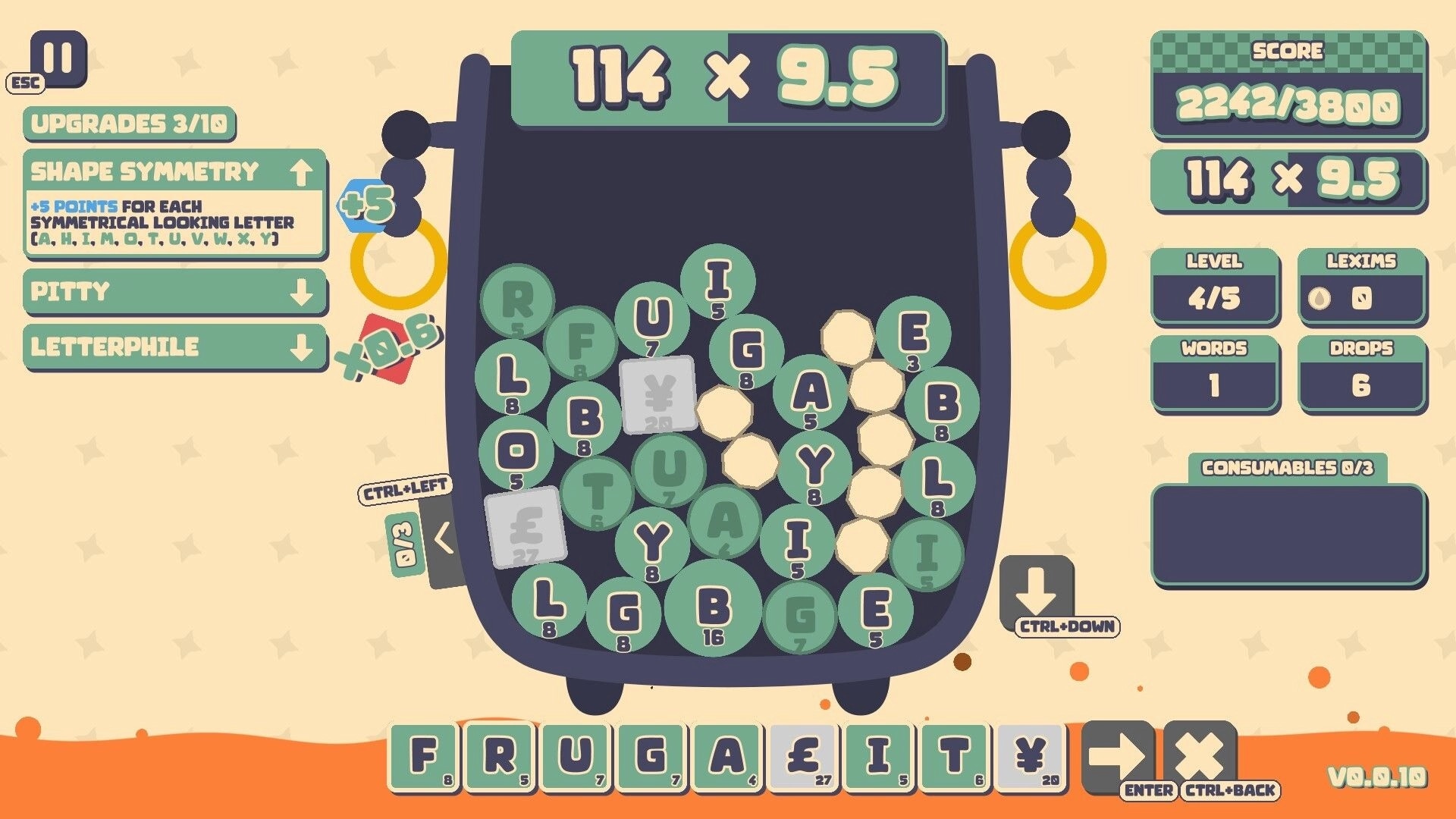 Lexispell: Word formation gameplay with letter tiles in cauldron and score multipliers visible