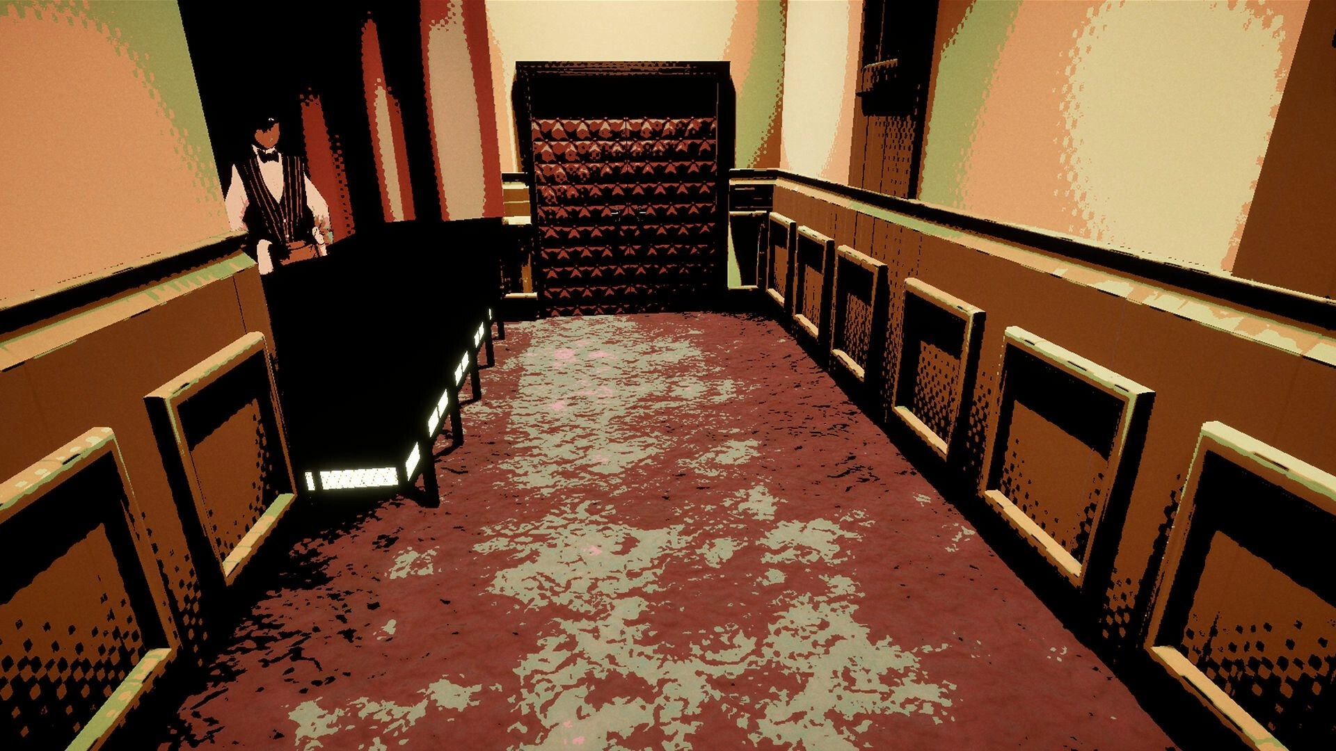 Libertine: Dimly lit hallway with a lone dealer at a card table, ornate door at the far end