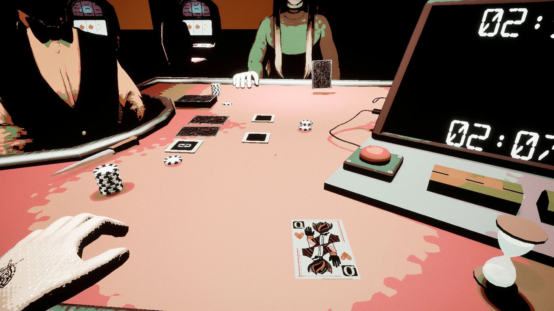 Libertine: Intense card duel with chips and timer on poker table, two opponents partially visible