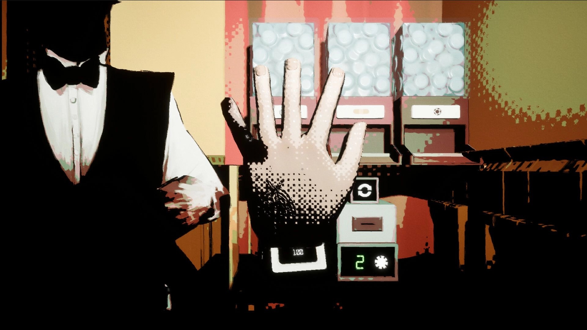 Libertine: Player's hand with wager interface and three chip dispensers in dimly lit card room