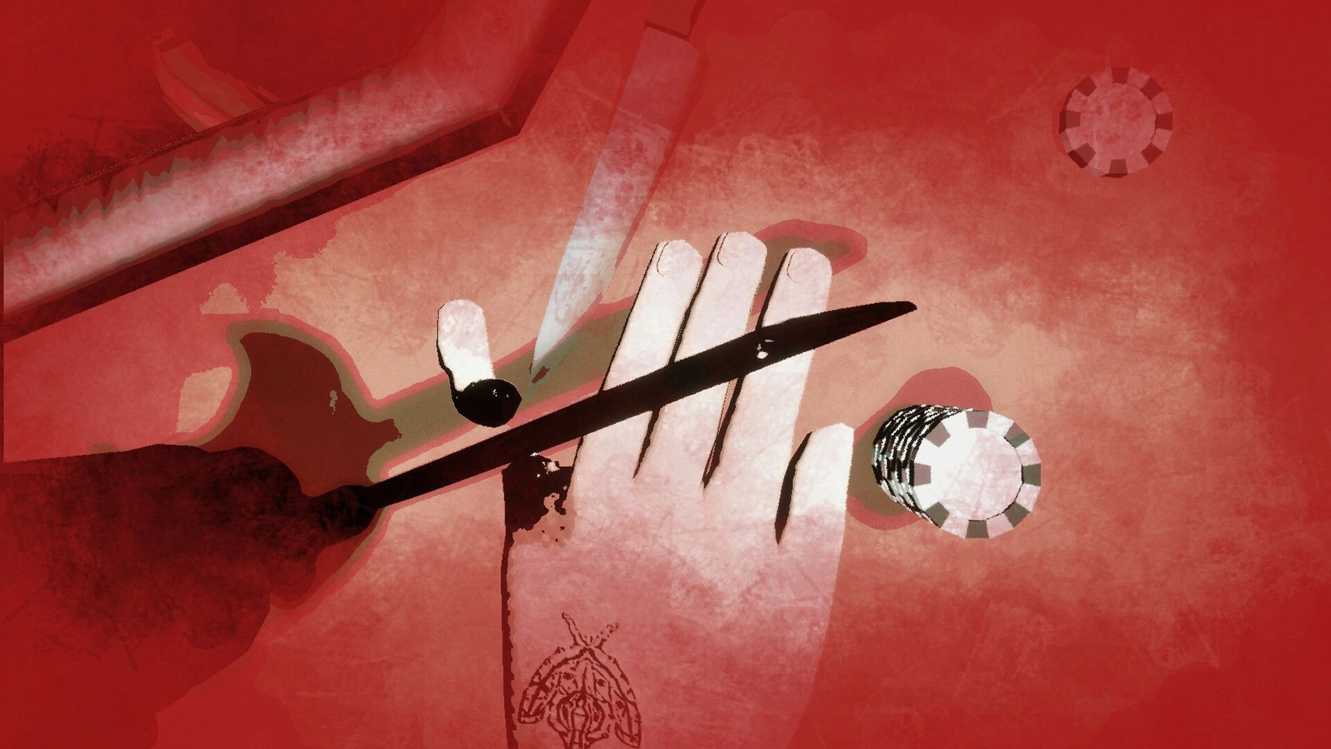 Libertine: Tense card duel with knife poised over hand, chips scattered on blood-red table.