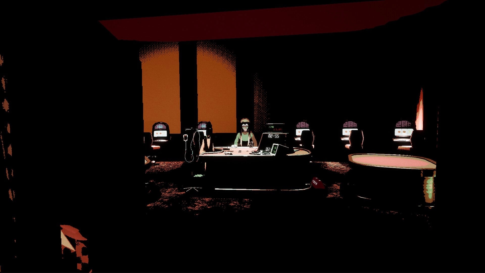Libertine: Dealer at card table in dimly lit casino with slot machines glowing in the background