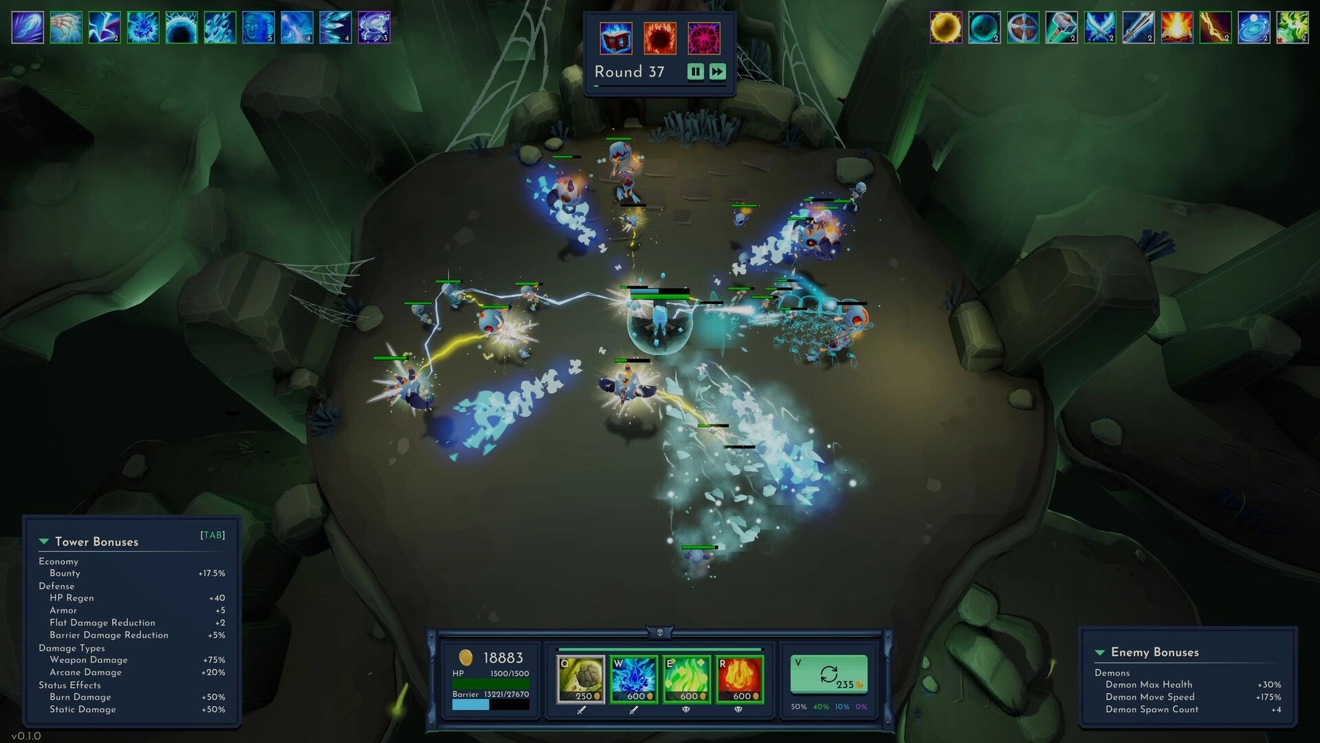 Lichgate: Tower defense combat with magic effects in a cavern, round 37, UI showing abilities and stats