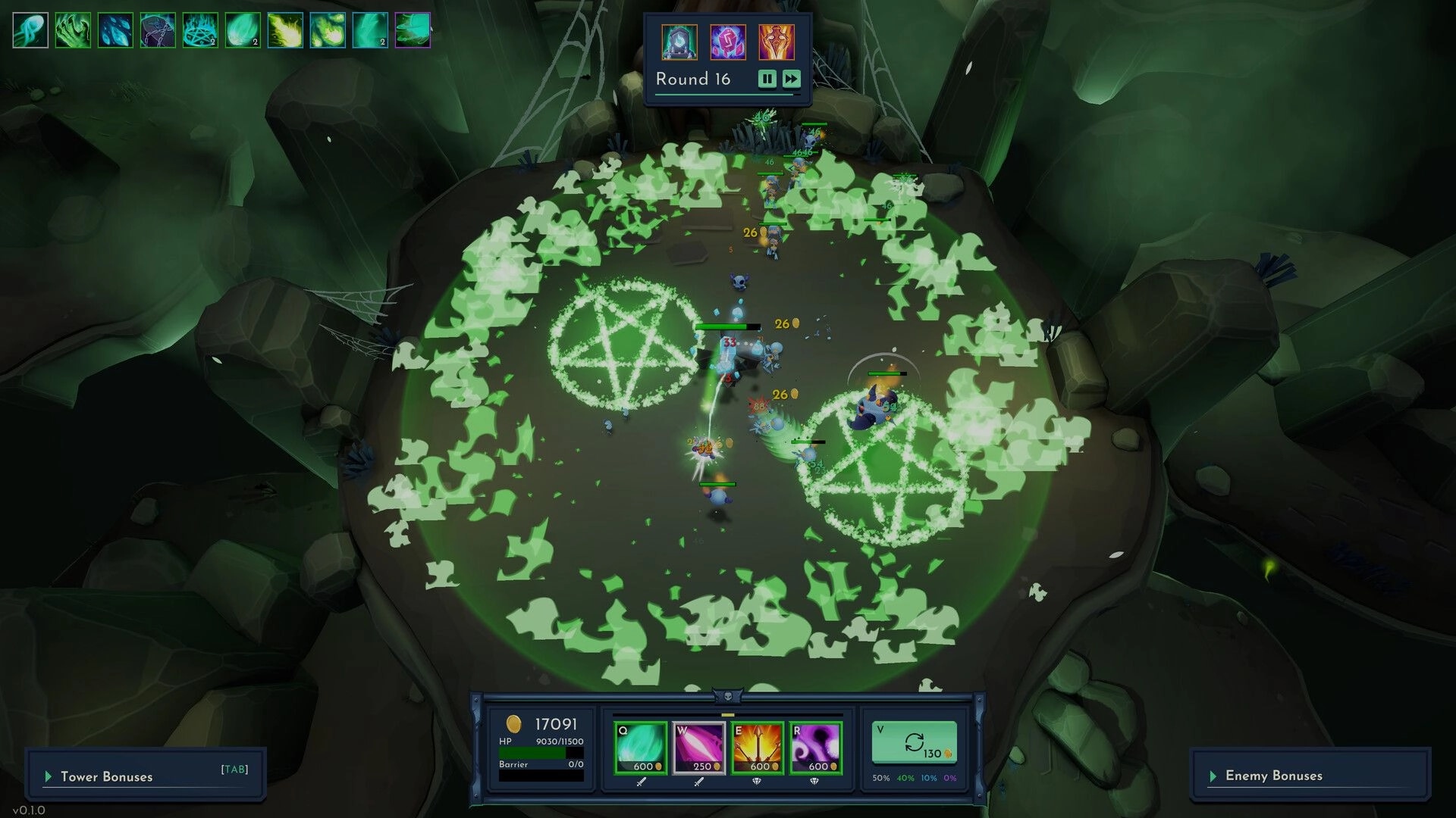 Lichgate: Round 16 battle with green magic symbols and enemy hordes in dark cavern environment