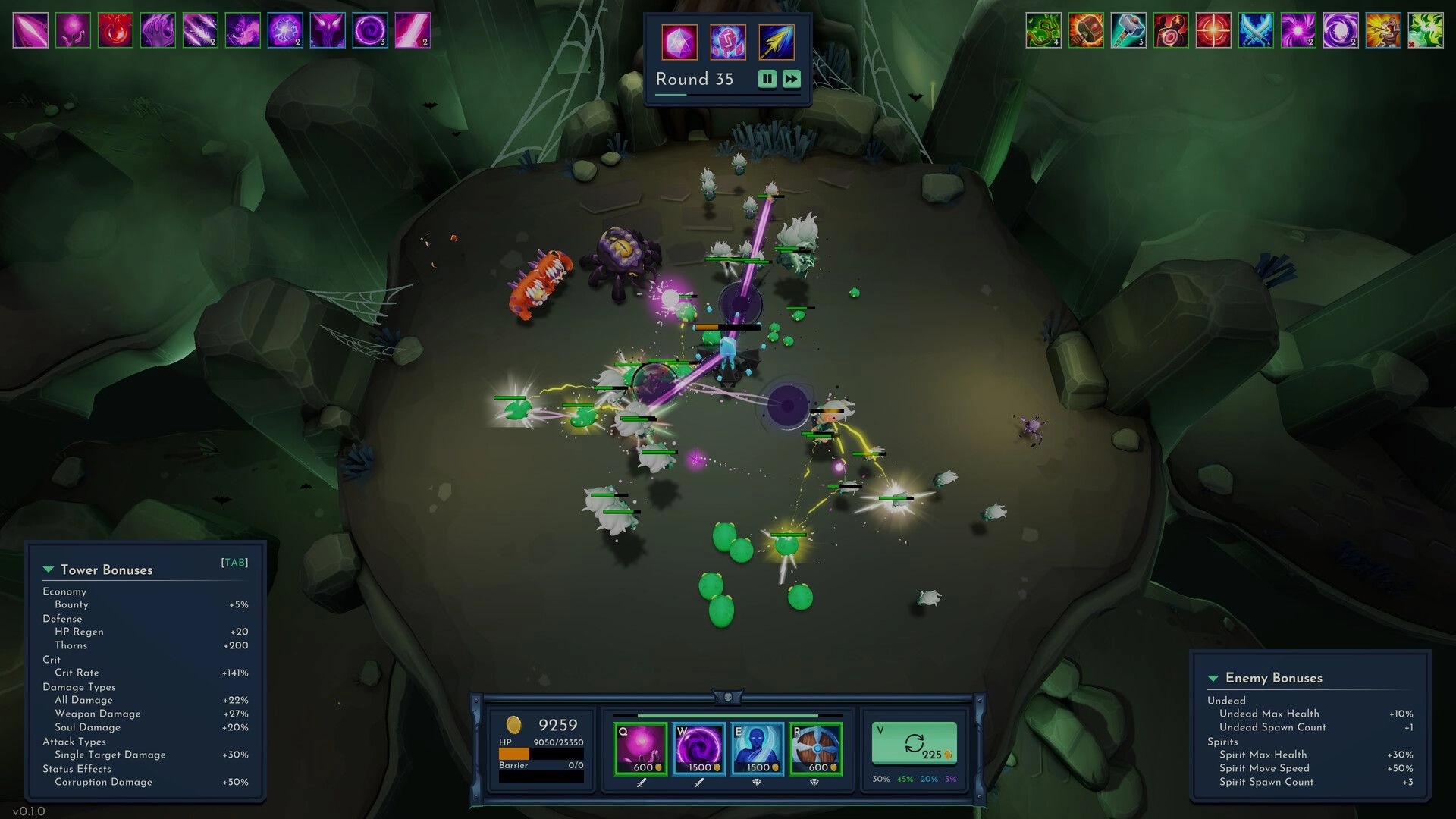 Lichgate: Player tower battling enemies in dark cavern with tower bonuses and round info displayed
