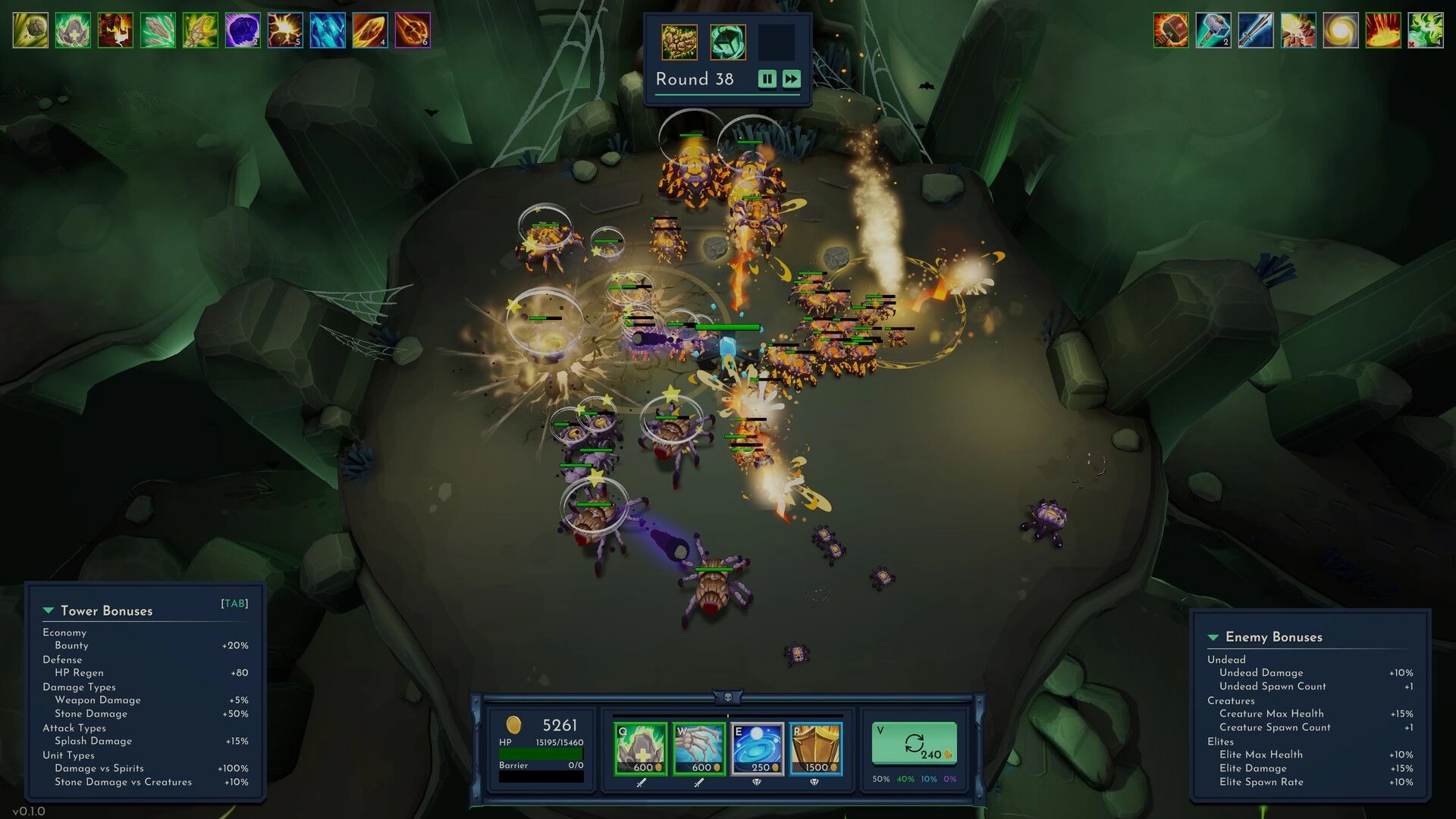 Lichgate: Combat against hordes in a cave setting with UI showing tower bonuses and enemy stats