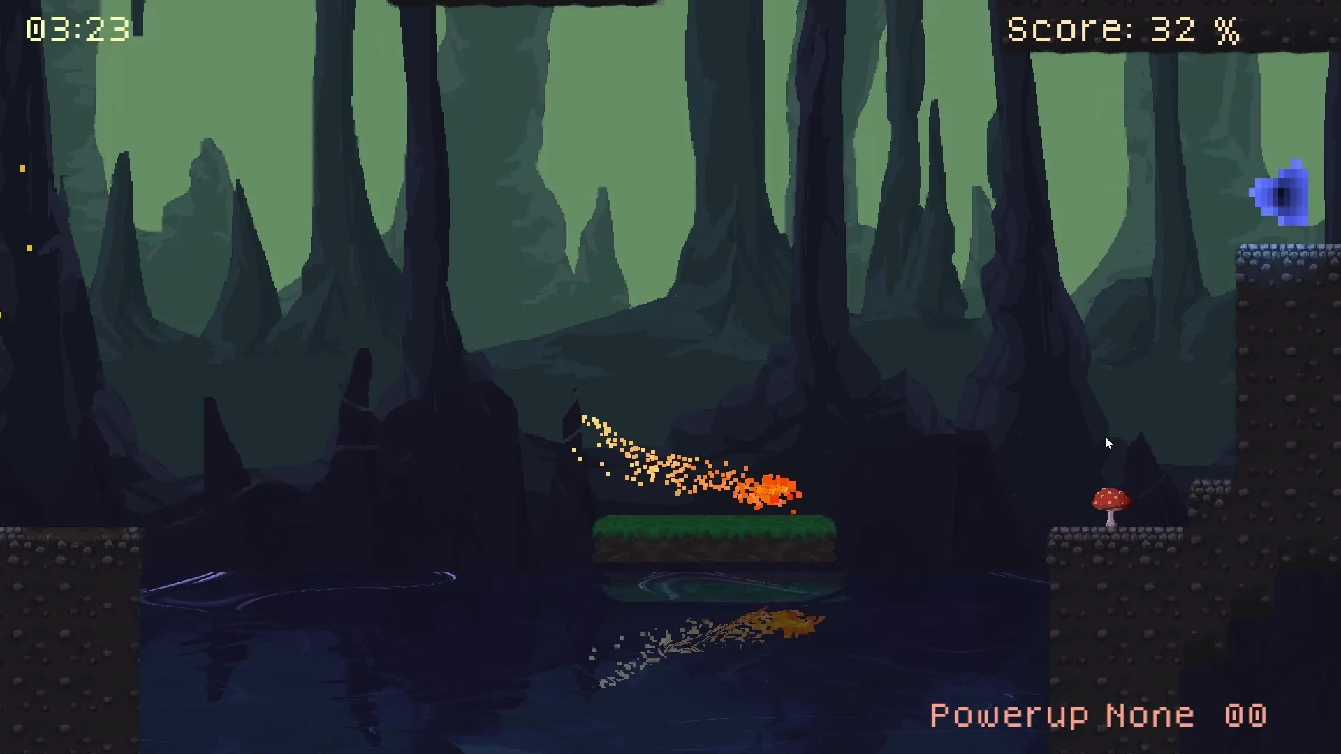 Liekki: Fire spirit jumps over dark forest platform, score 32%, timer at 3:23, no powerup active.