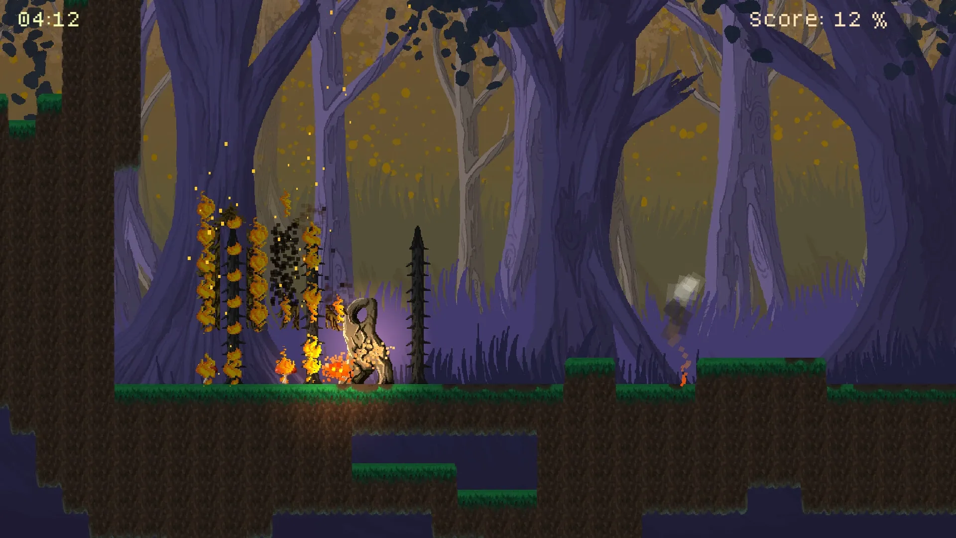 Liekki: Fire spirit burning trees in a dark forest with timer and score displayed on the screen