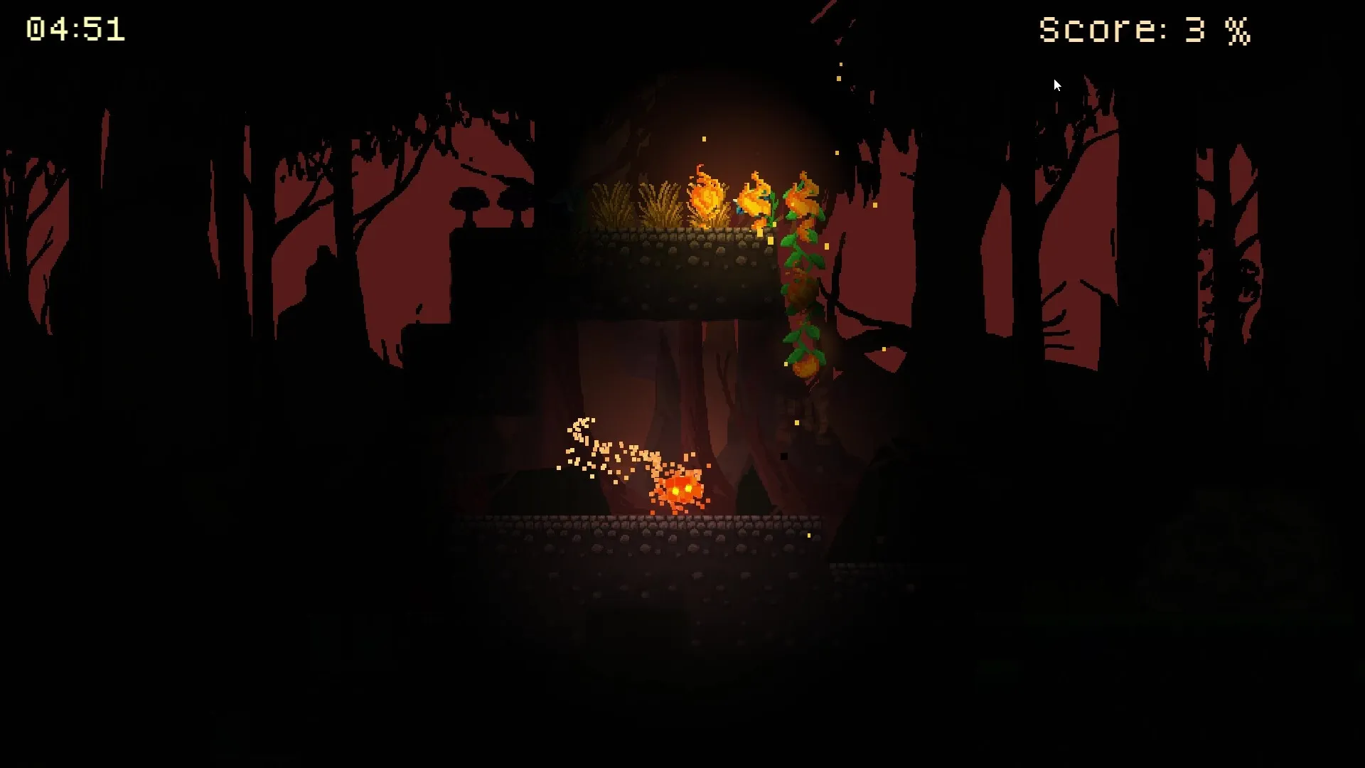 Liekki: Little fire spirit running through dark forest, burning plants with score and timer displayed